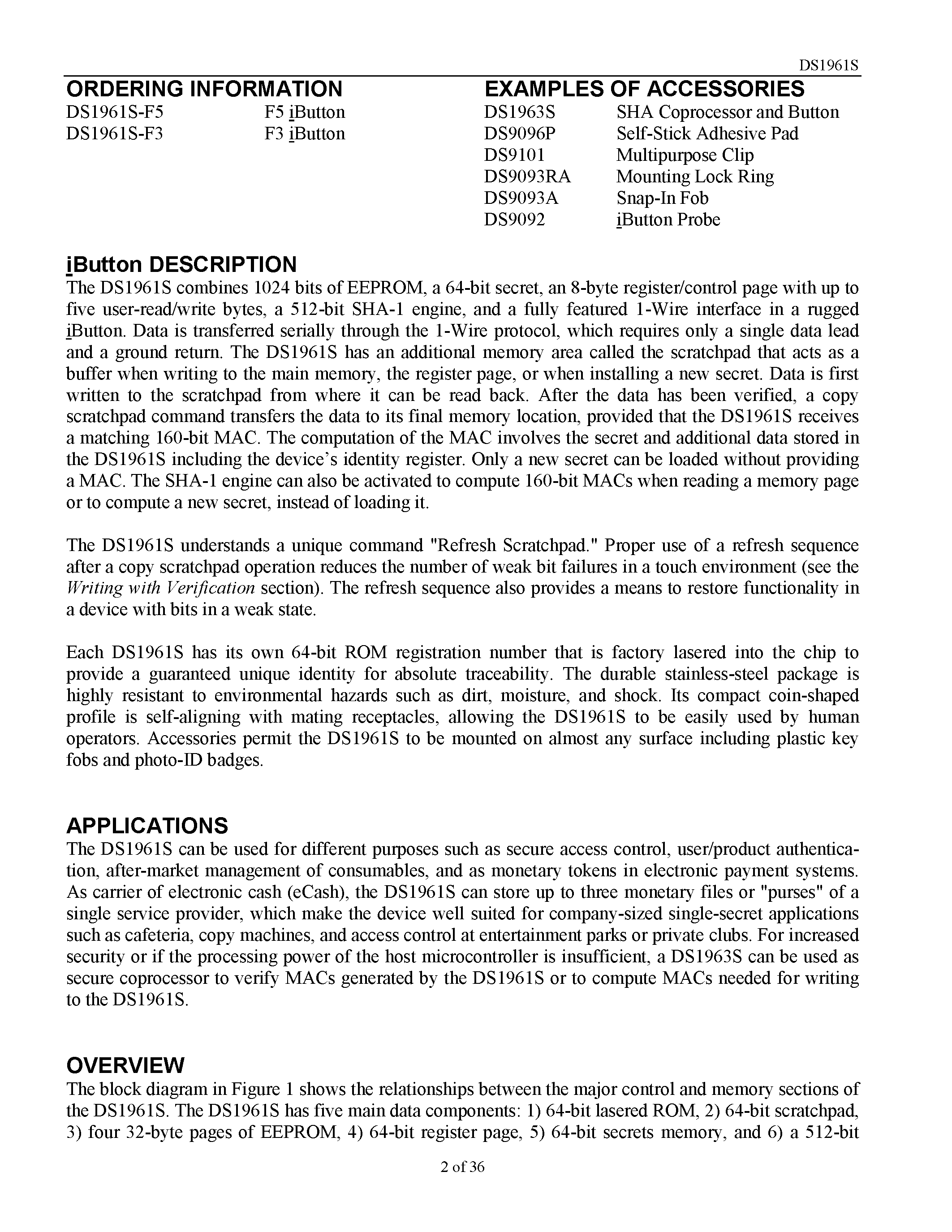 Datasheet DS1961S - 1kb Protected EEPROM iButton With SHA-1 Engine page 2