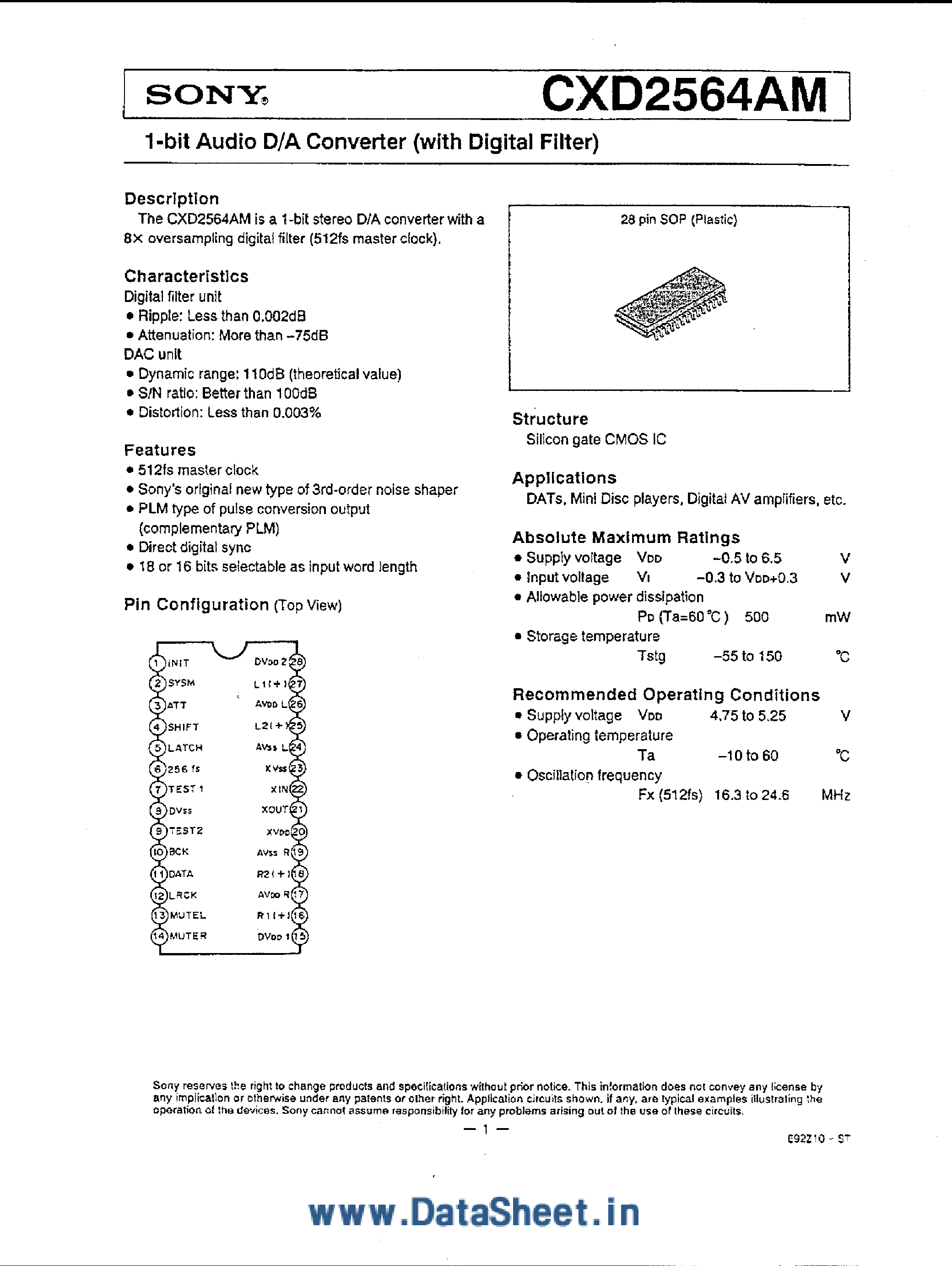 Datasheet CXD2564AM page 1 Datasheet CXD2564AM - 1-Bit Audio D/A Converter page 1