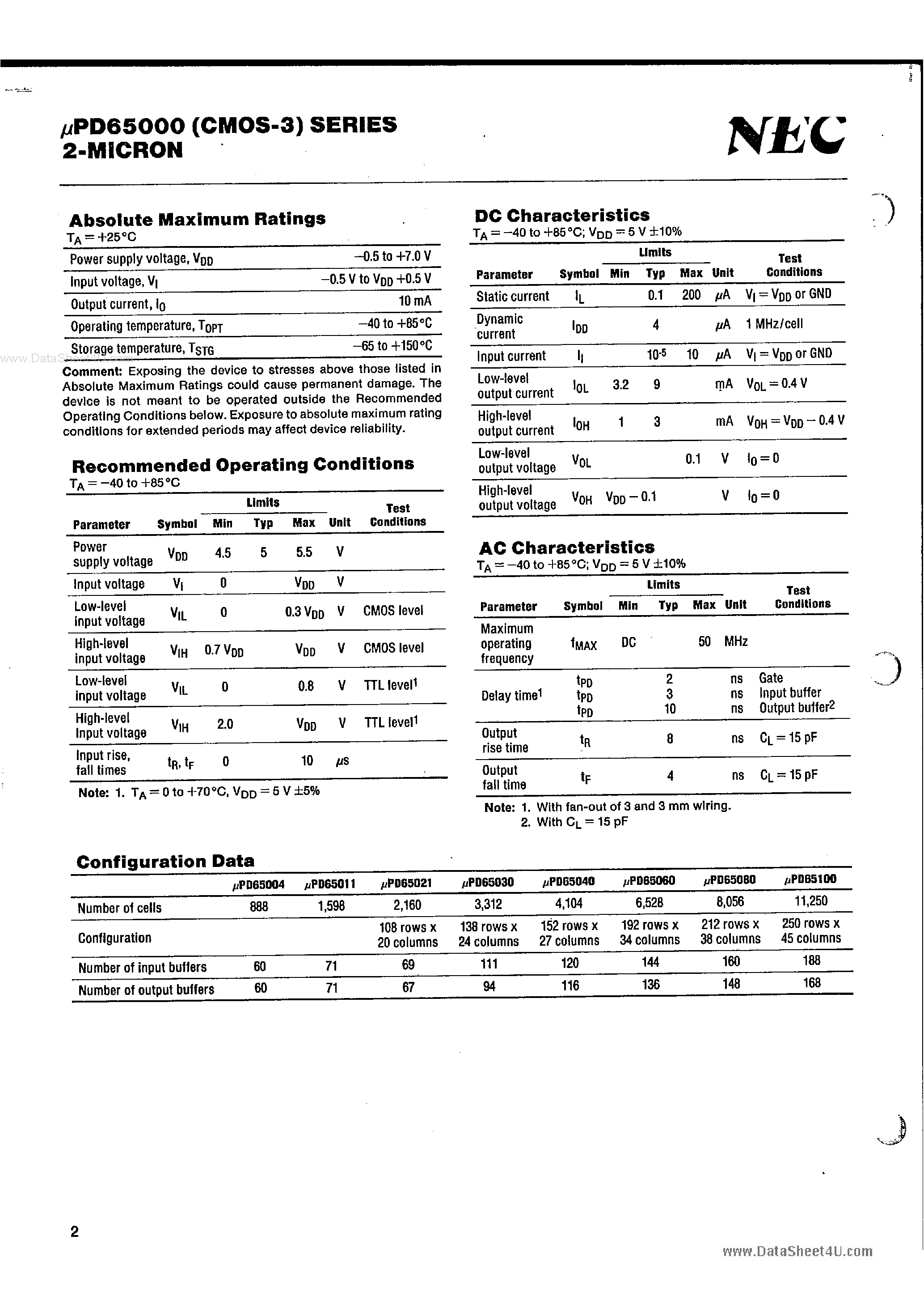 Datasheet UPD65000 - 3-MICROON CMOS GATE ARRAYS page 2