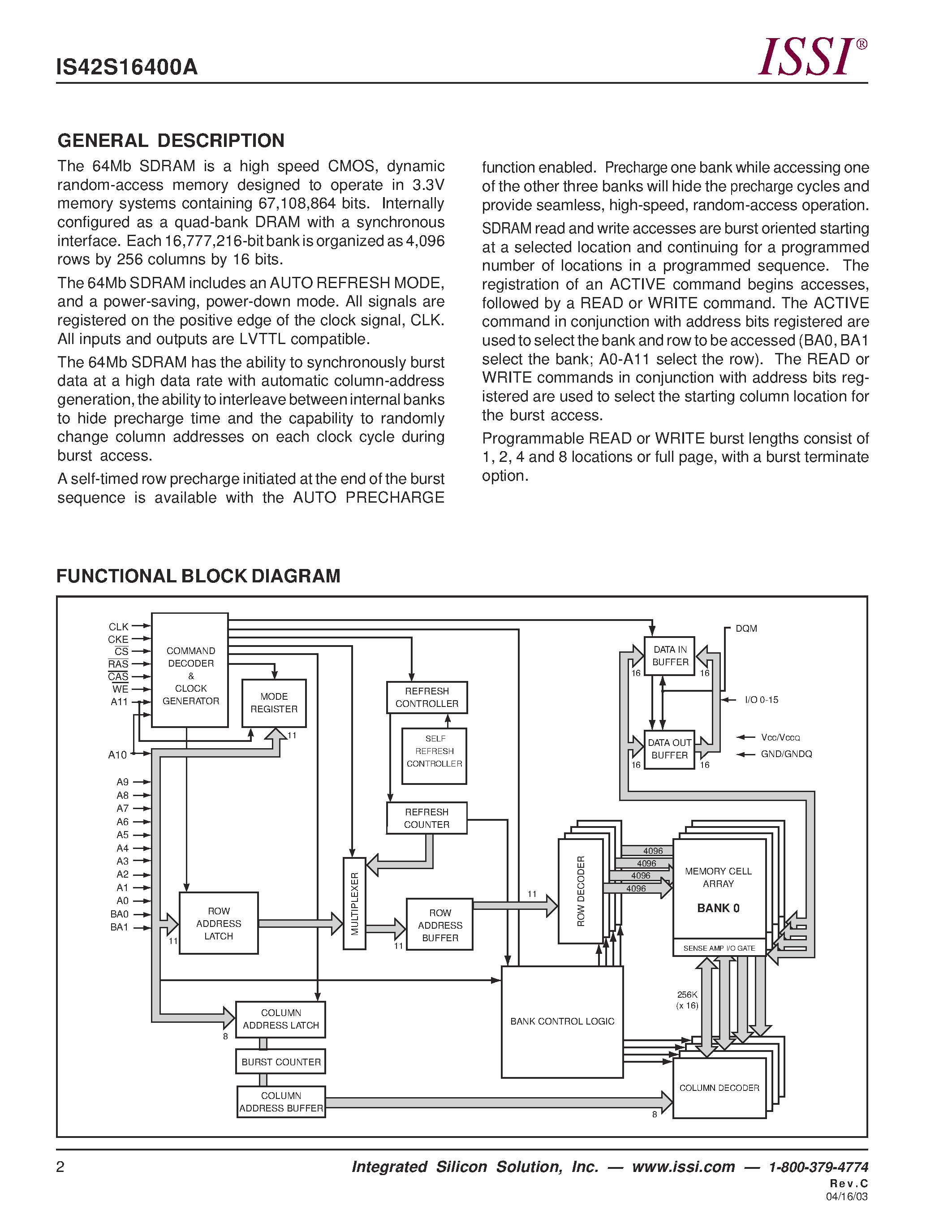 Datasheet IS42S16400A - 1 Meg Bits x 16 Bits x 4 Banks (64-MBIT) SYNCHRONOUS DYNAMIC RAM page 2