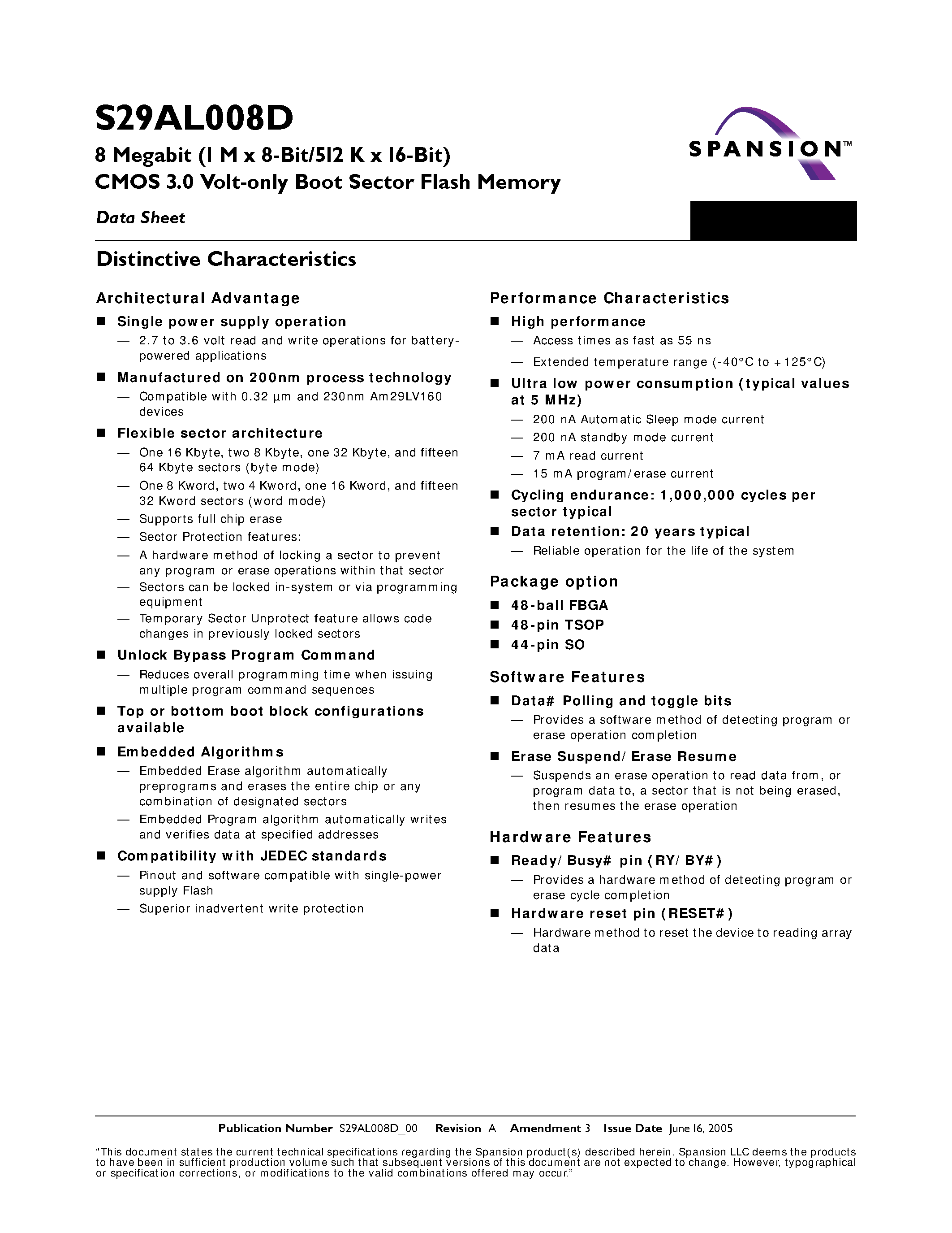 Datasheet S29AL008D - 8 Megabit (1 M x 8-Bit/512 K x 16-Bit) CMOS 3.0 Volt-only Boot Sector Flash Memory page 1