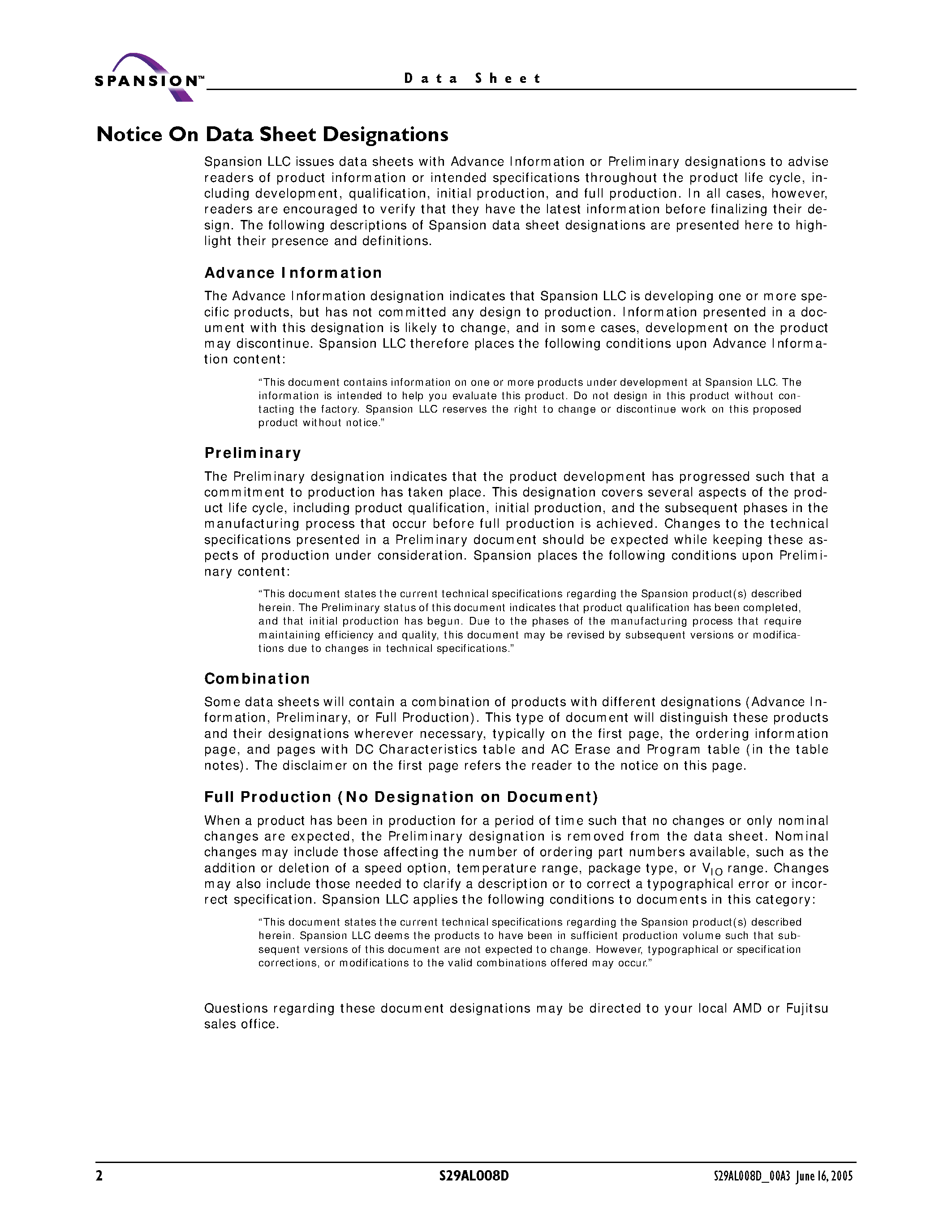 Datasheet S29AL008D - 8 Megabit (1 M x 8-Bit/512 K x 16-Bit) CMOS 3.0 Volt-only Boot Sector Flash Memory page 2