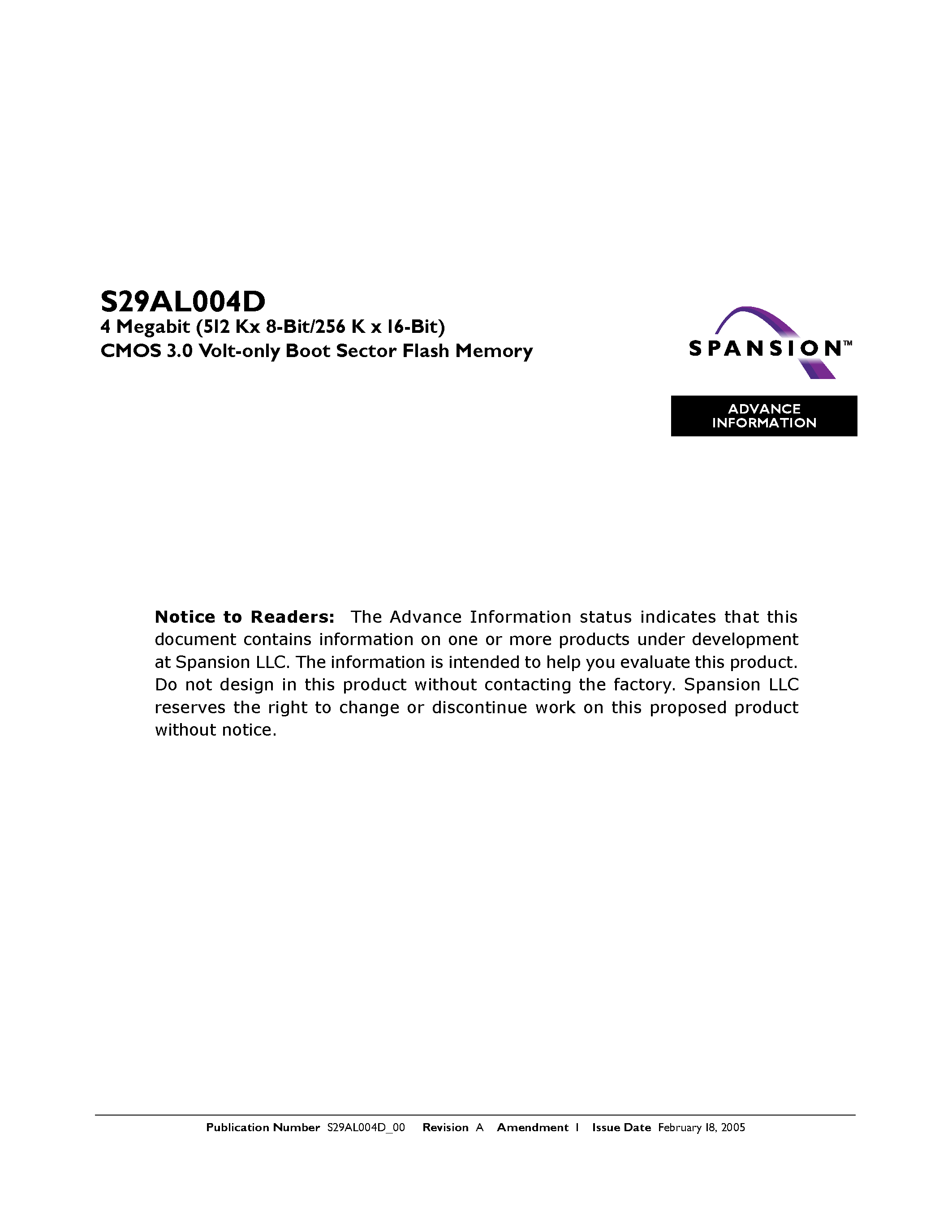 Datasheet S29AL004D - 4 Megabit (512 Kx 8-Bit/256 K x 16-Bit) CMOS 3.0 Volt-only Boot Sector Flash Memory page 1