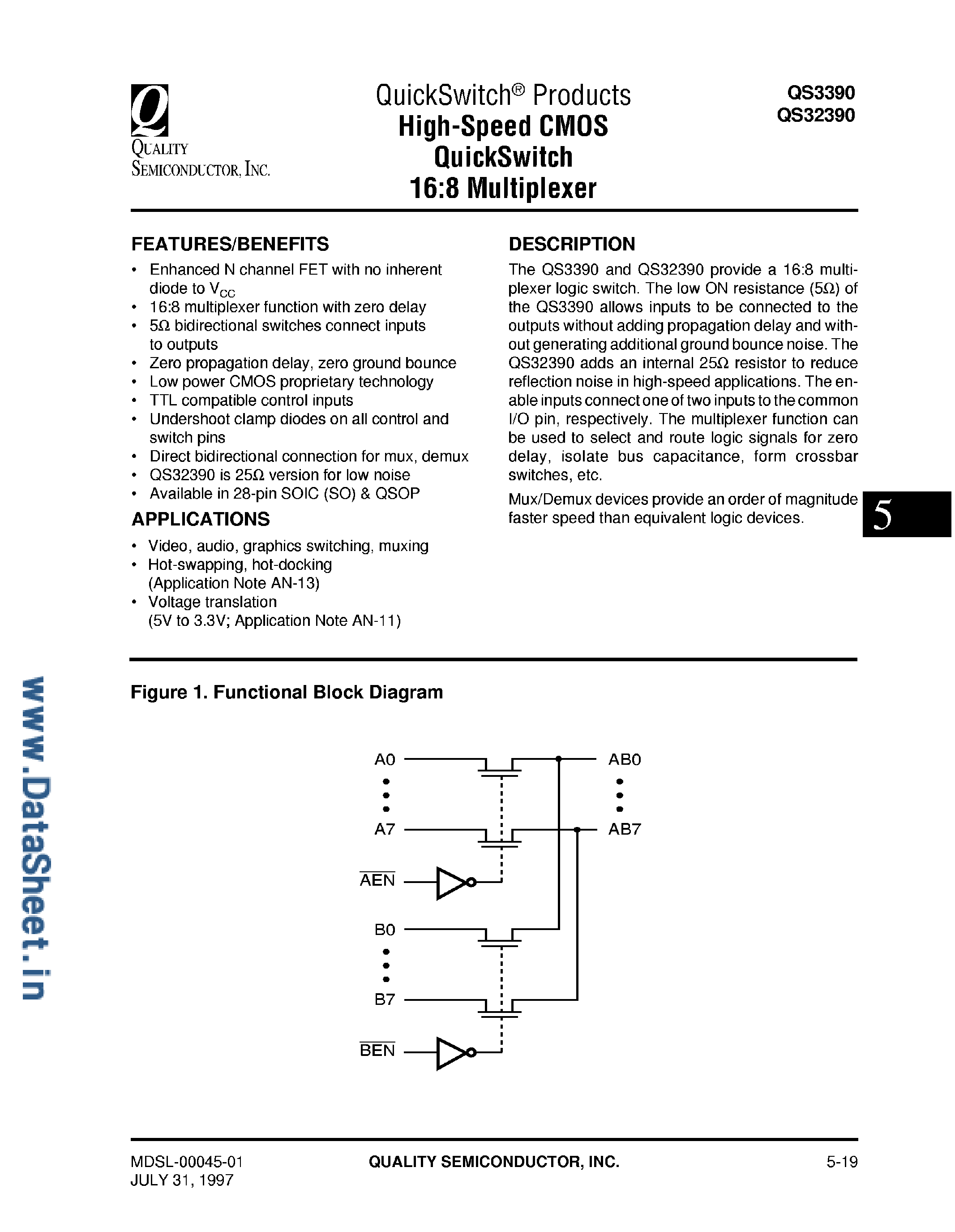 Даташит QS32390 - (QS3390 / QS32390) High Speed CMOS QuickSwitch 16:8 Multiplexer страница 1