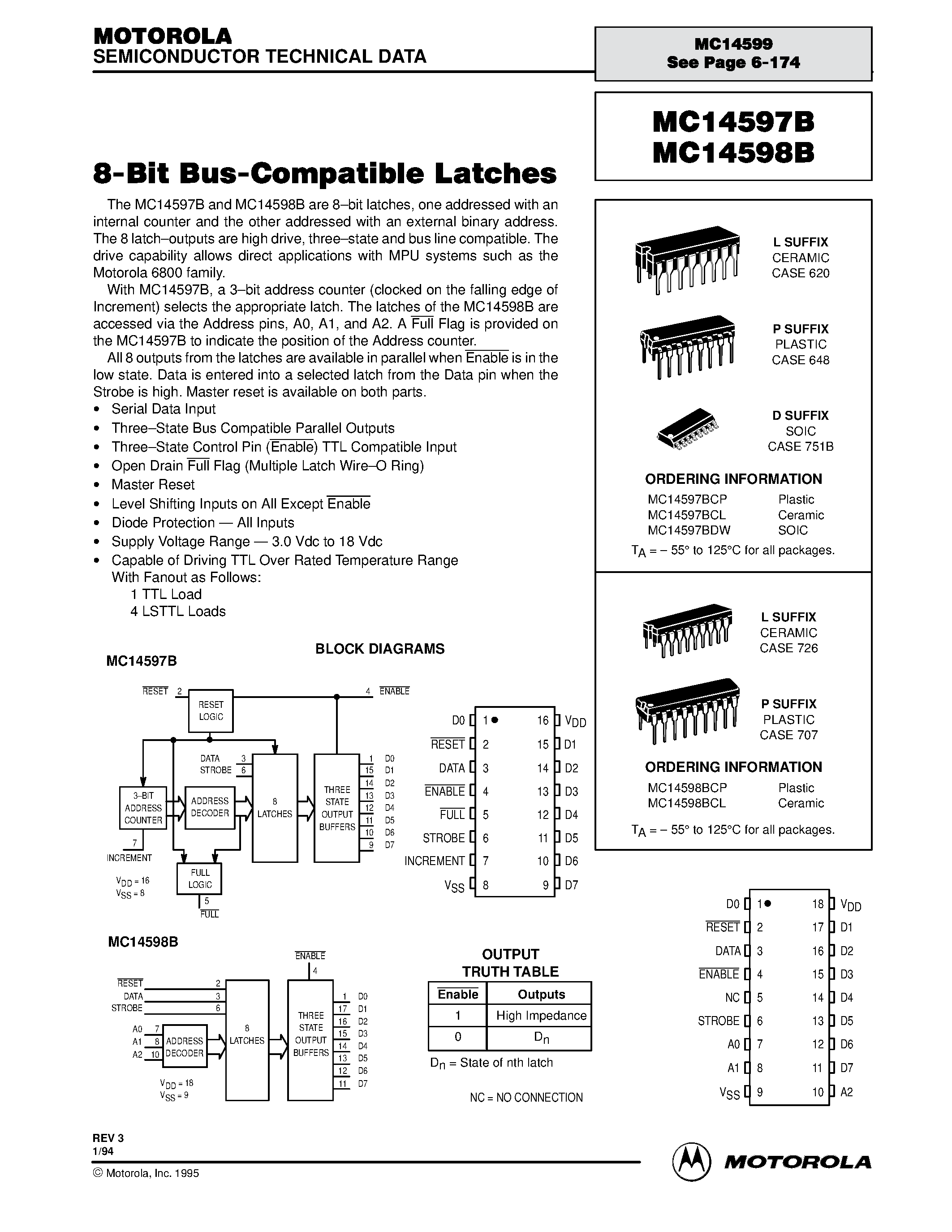 Даташит MC14597B - (MC14597B / MC14598B) 8-Bit Bus-Compatible Latches страница 1