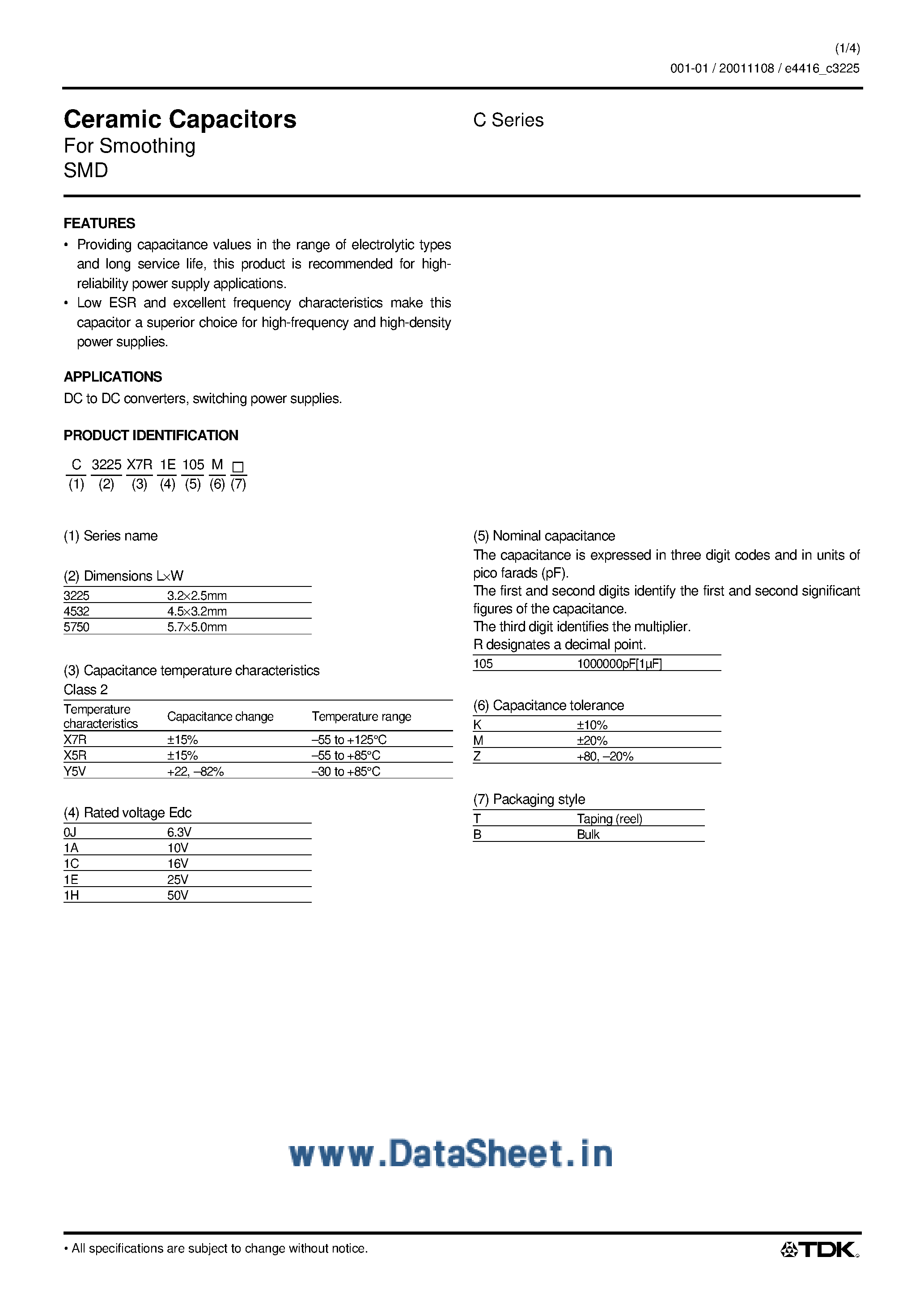 Datasheet C4532X7R1E106xx page 1 Datasheet C4532X7R1E106xx - Ceramic Capacitors page 1