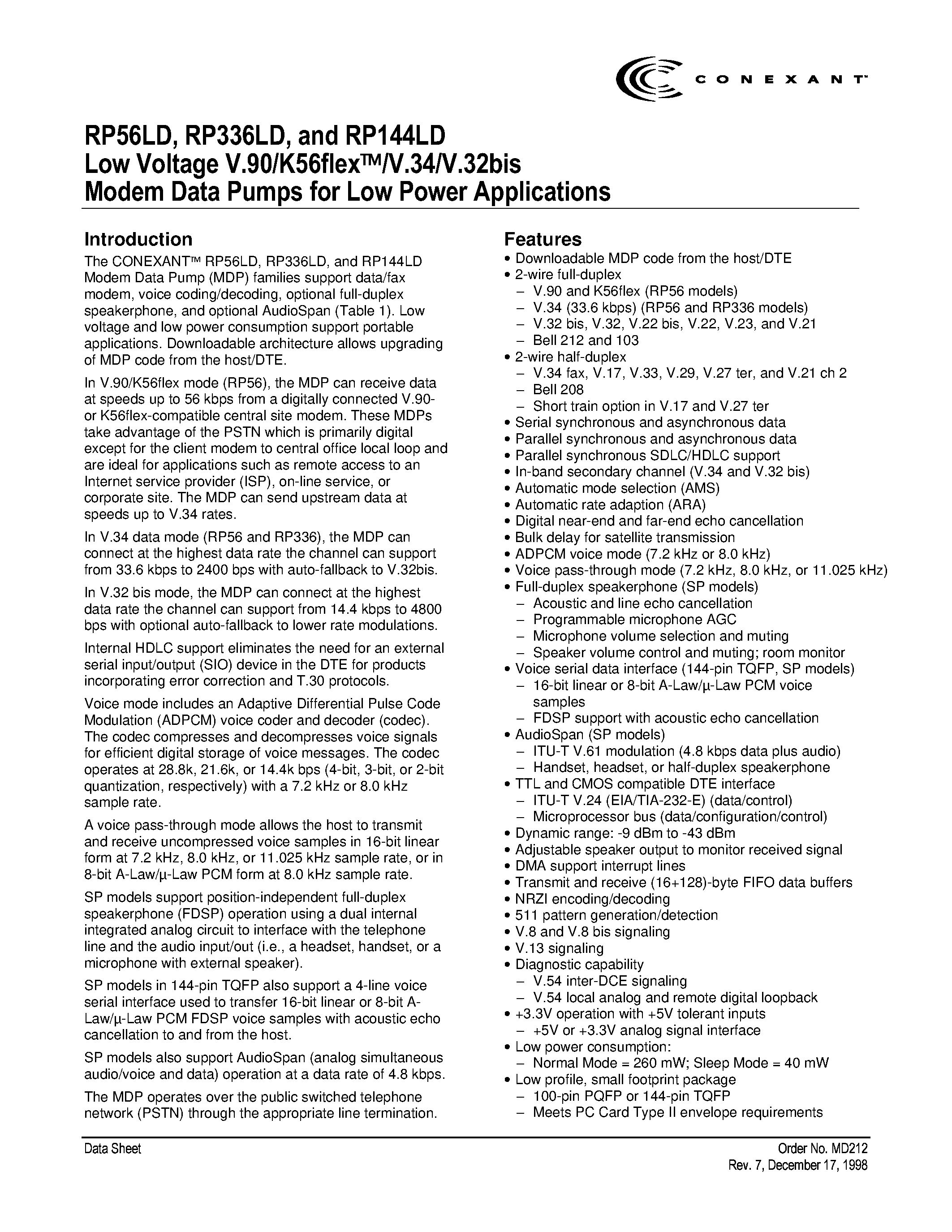 Даташит RP56LD - LOW VOLTAGE V.90/K56FLEX V.34/V.32 BIS MODEM DATA PUMPS FOR LOW POWER APPLICATIONS страница 1