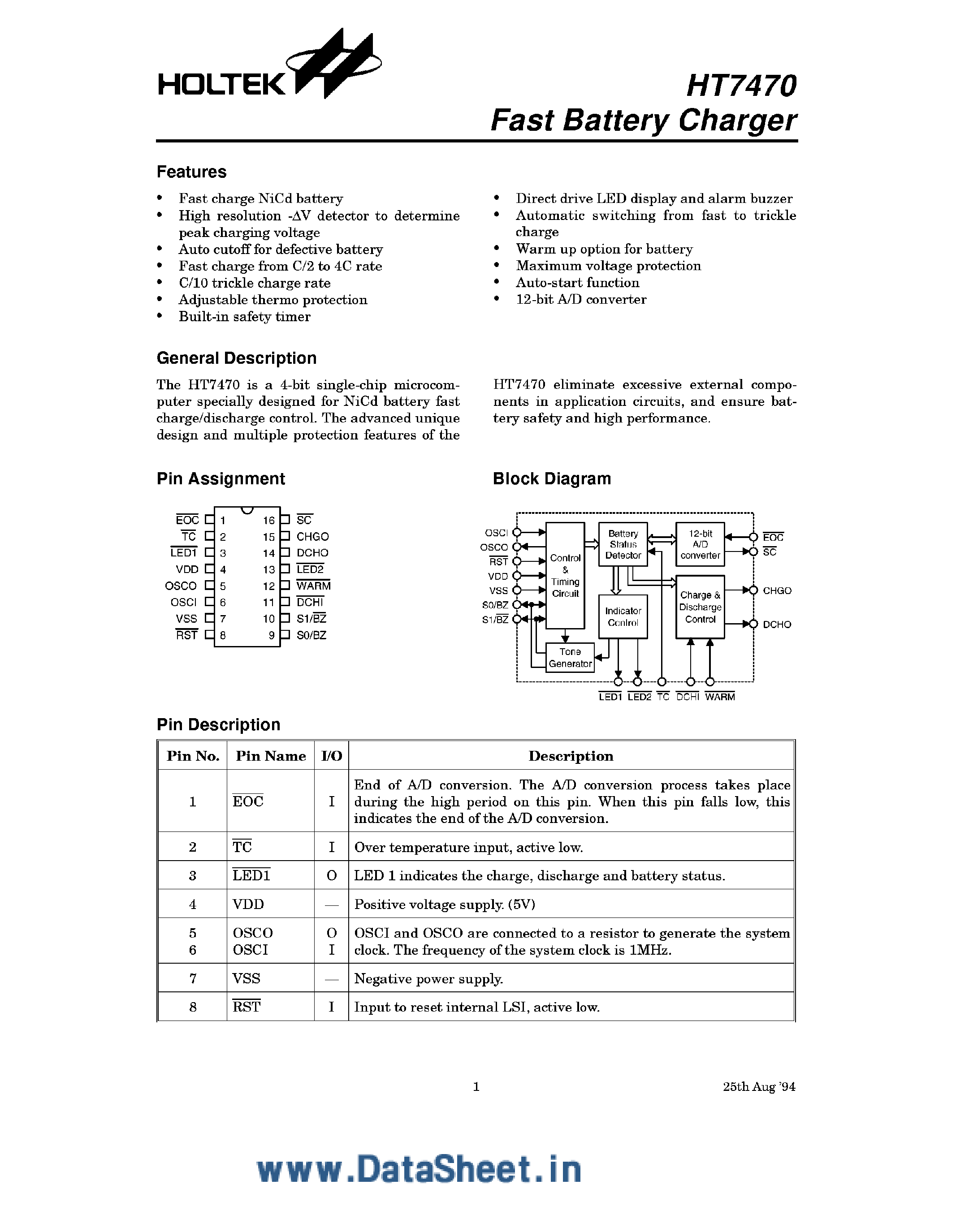 Datasheet HT7470 - Fast Battery Charger page 1