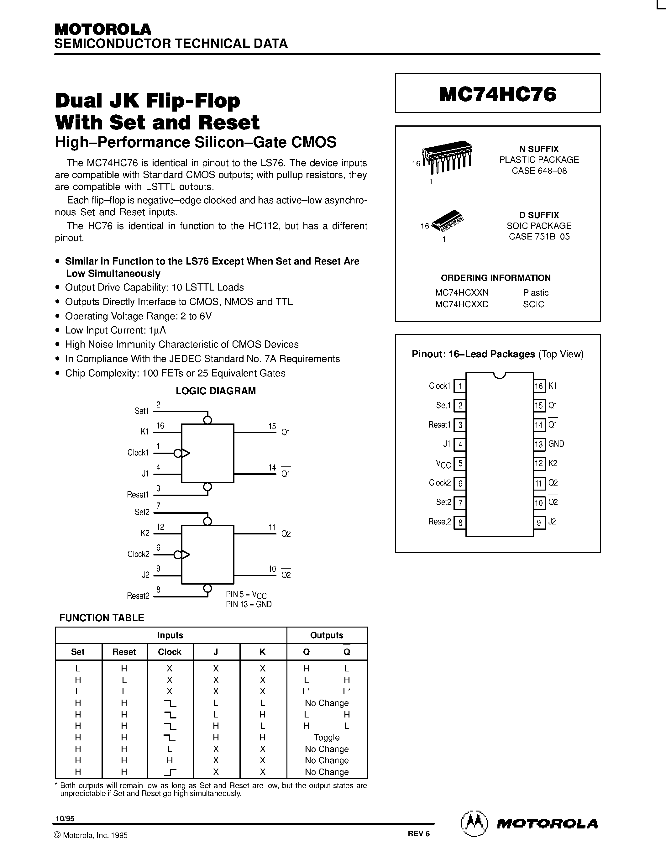Даташит MC74HC76 - Dual JK Flip-Flop With Set and Reset страница 1