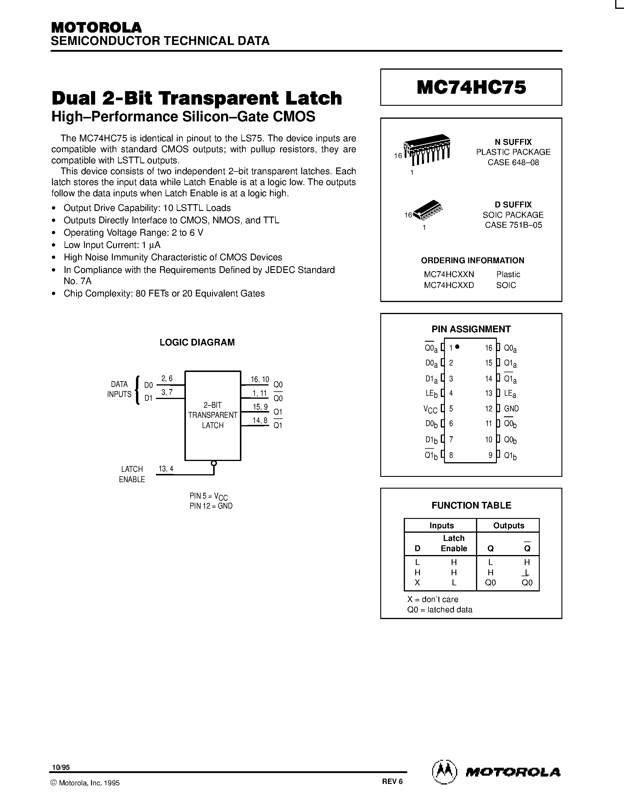 Даташит MC74HC75 - Dual 2-Bit Transparent Latch страница 1