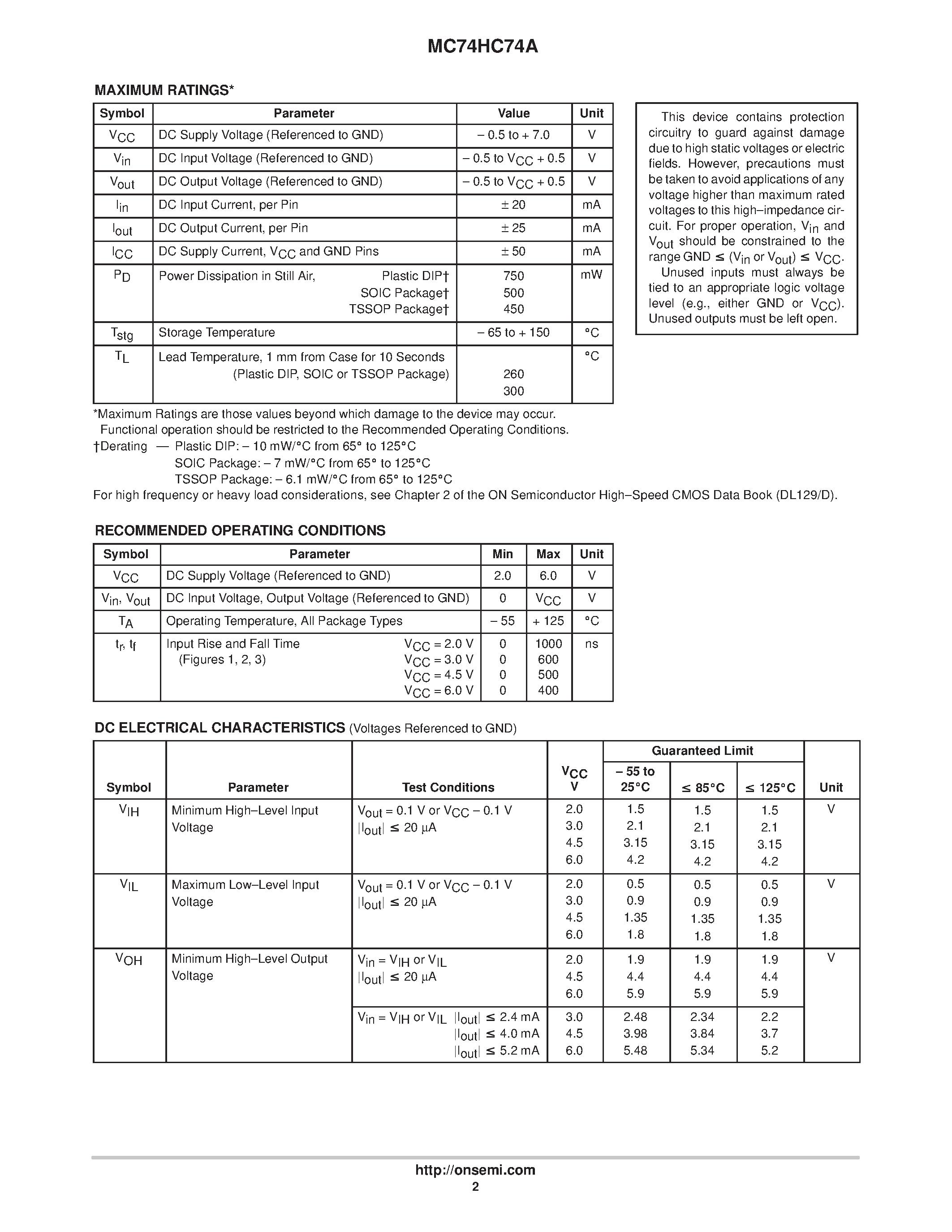 Даташит MC74HC74A - Dual D Flip-Flop with Set and Reset страница 2