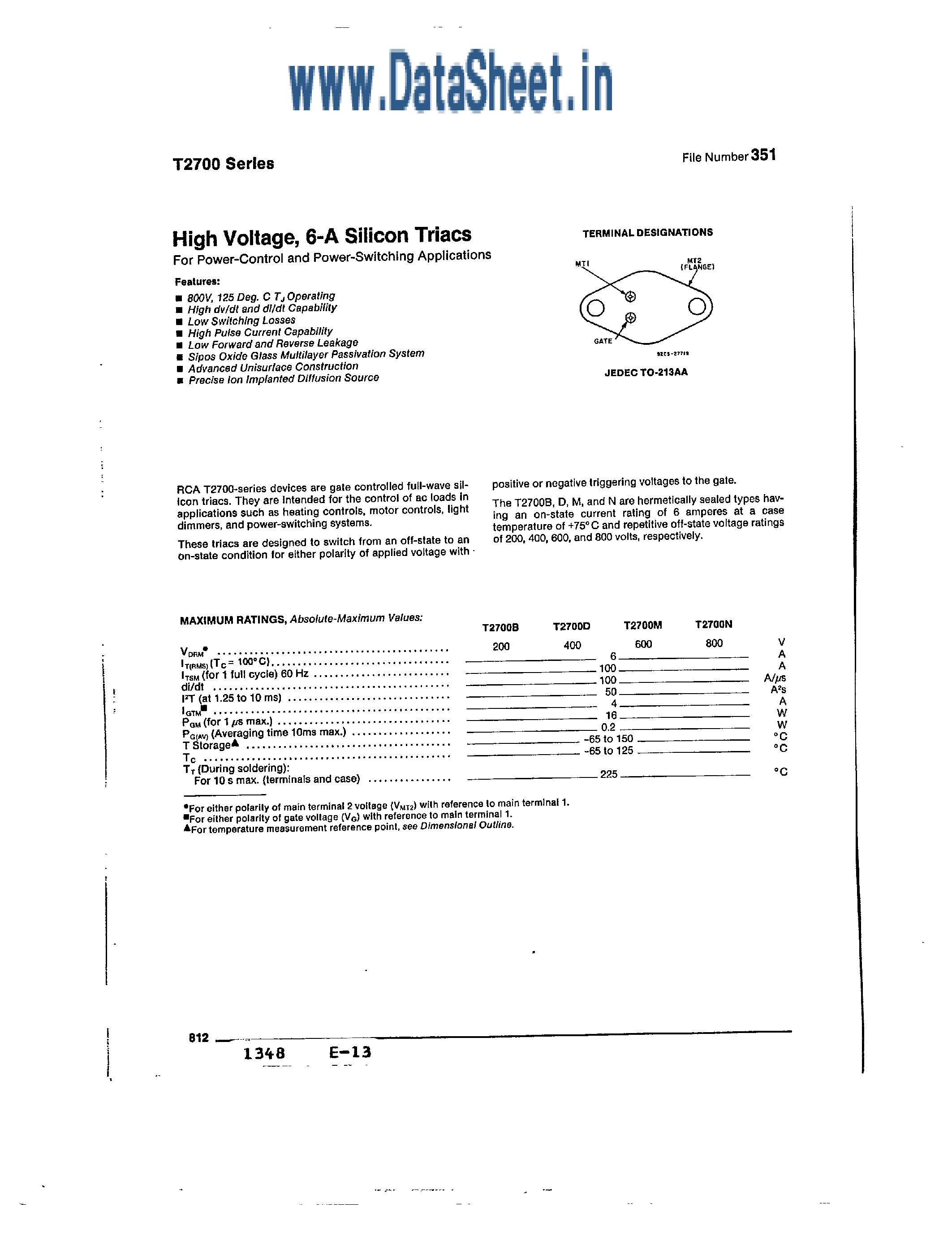Datasheet T2700 - (T2700 Series) HIGH VOLTAGE 6-A SILICON TRIACS page 1