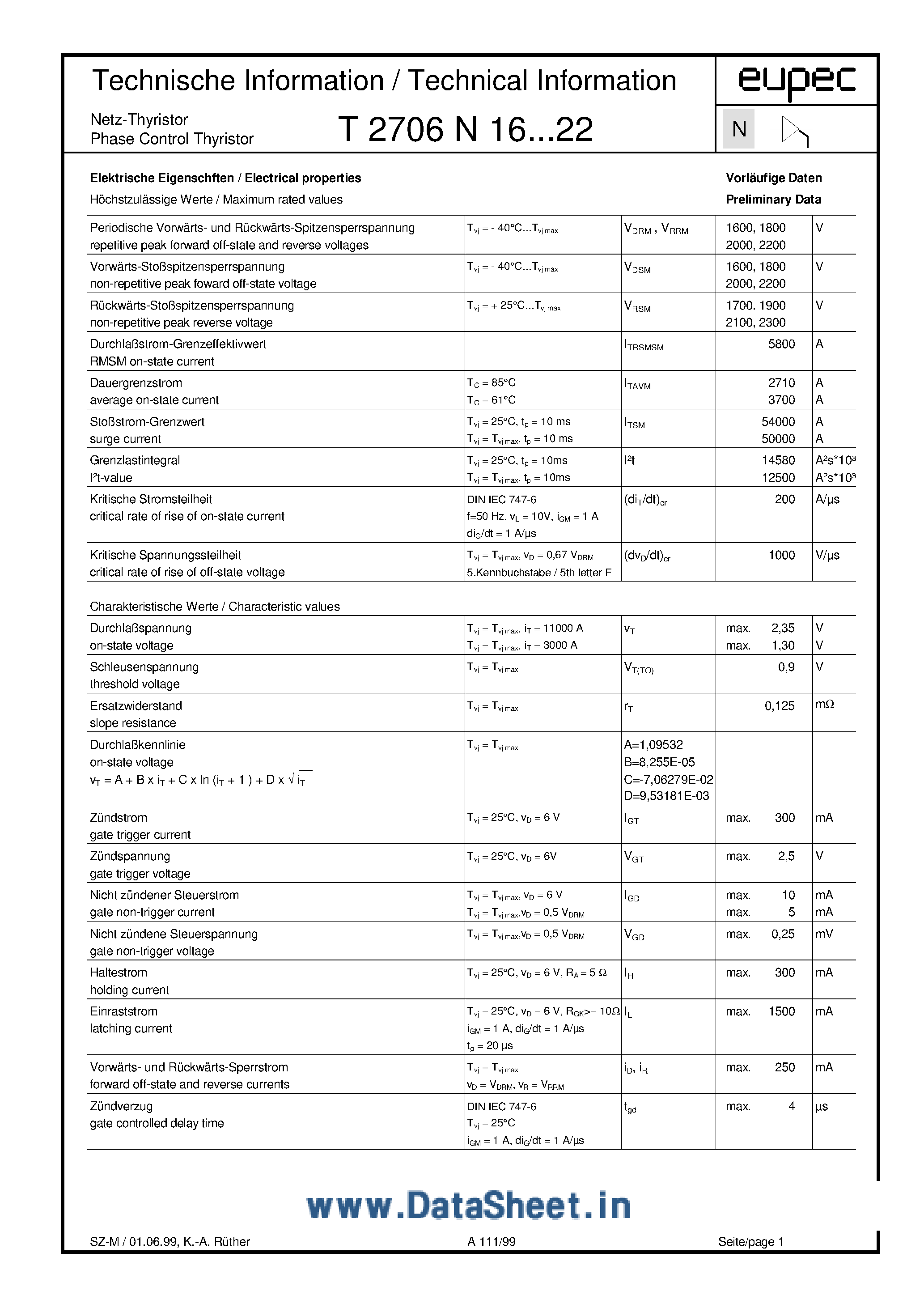 Datasheet T2706N16 page 1 Datasheet T2706N16 - (T2706Nxx) SILICON CONTROLLED RECTIFIER page 1