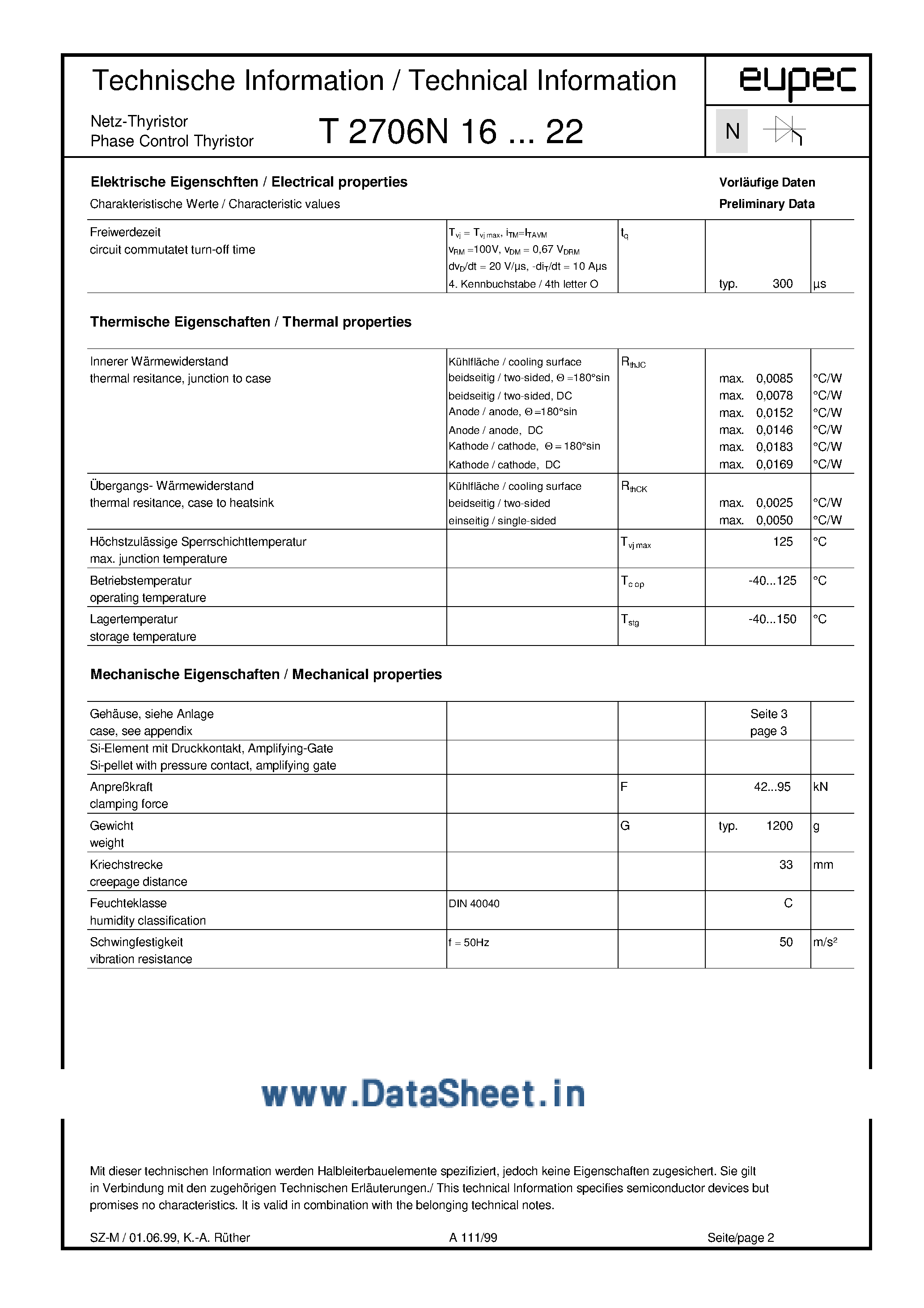 Datasheet T2706N16 page 2 Datasheet T2706N16 - (T2706Nxx) SILICON CONTROLLED RECTIFIER page 2