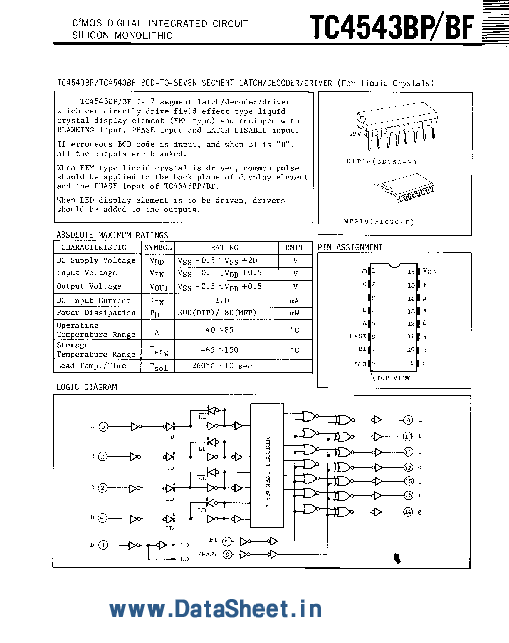 Datasheet TC4543BF - BCD-to-Seven Segment Latch / Decoder/Driver page 1