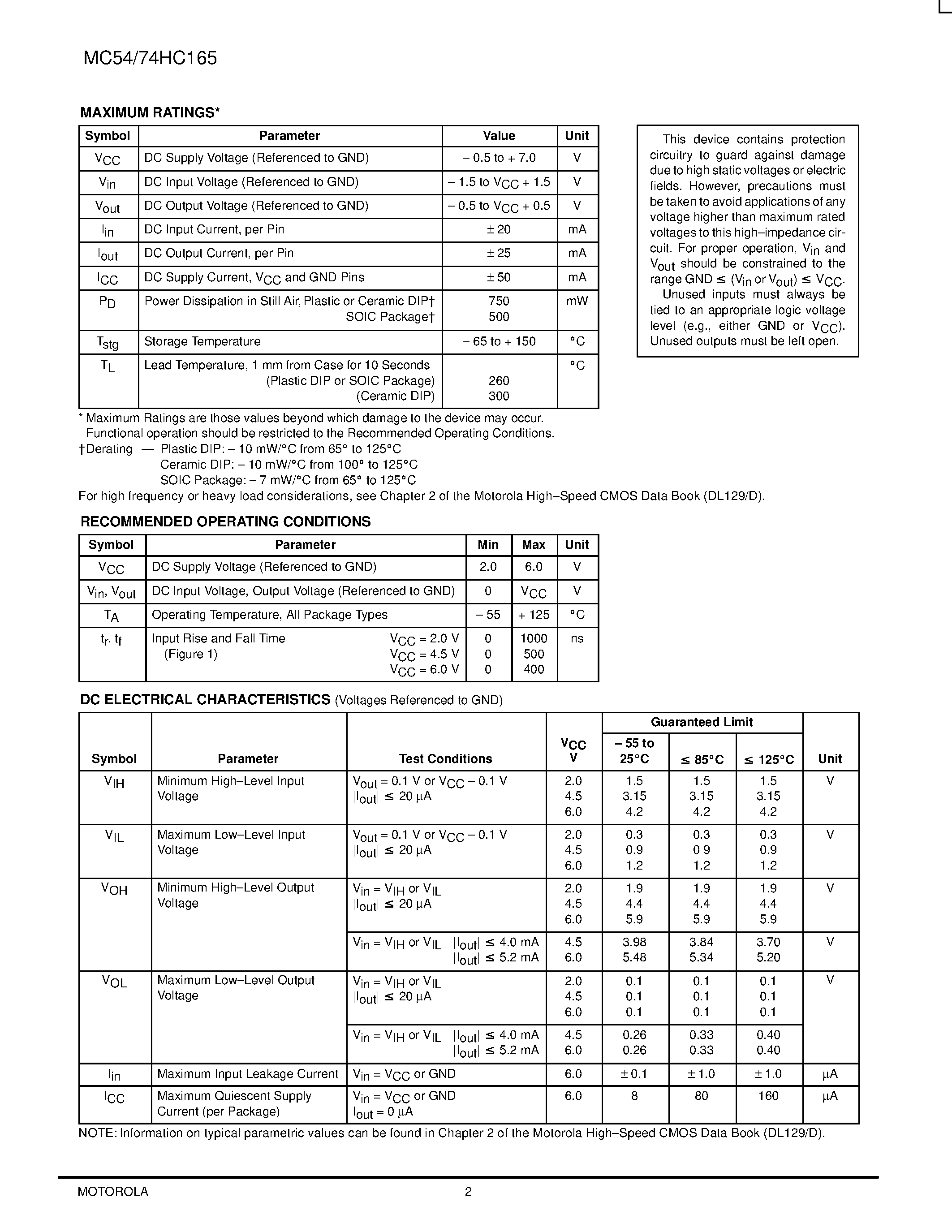 Даташит MC74HC165 - 8-Bit Serial or Parallel-Input/Serial-Output Shift Register страница 2