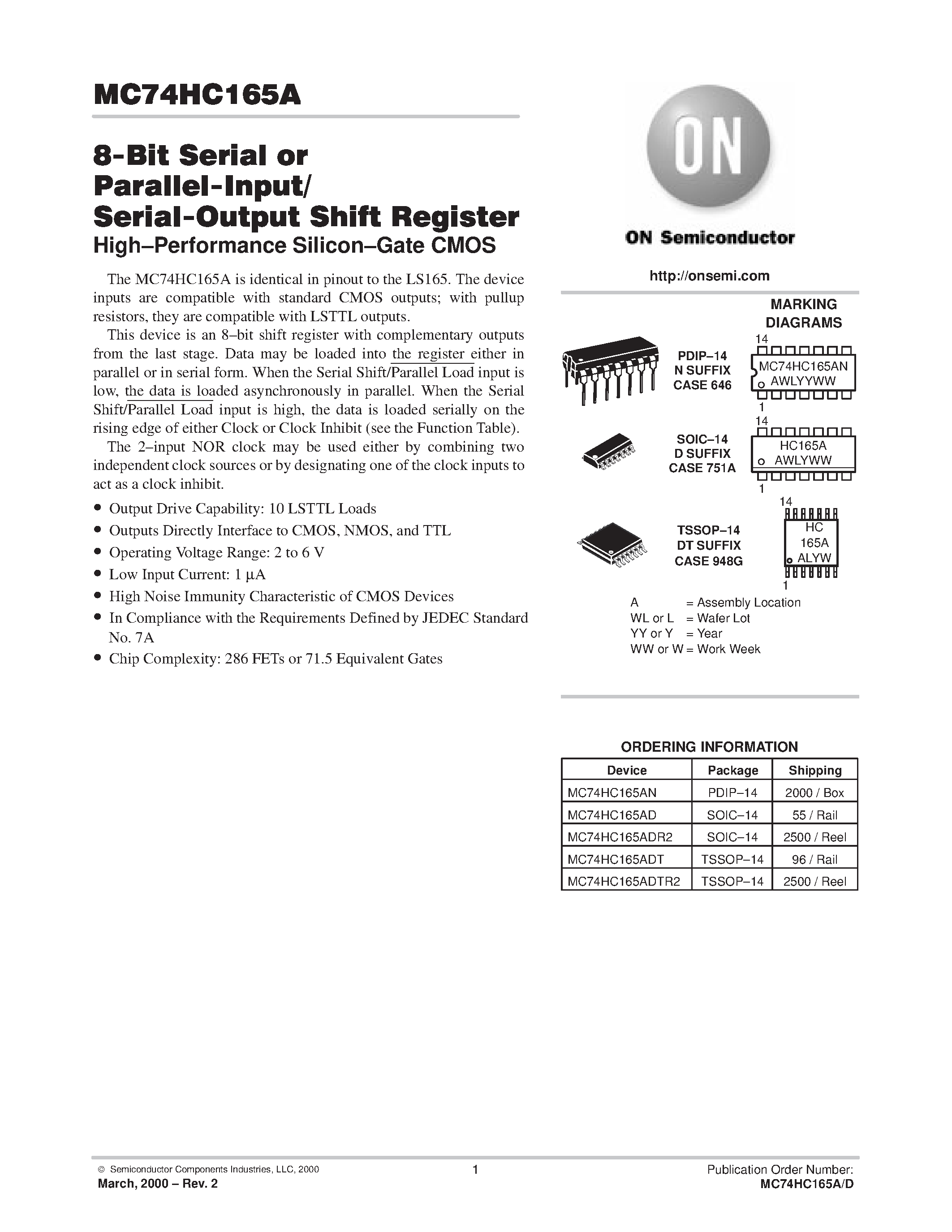 Даташит MC74HC165A - 8-Bit Serial or Parallel-Input/Serial-Output Shift Register страница 1