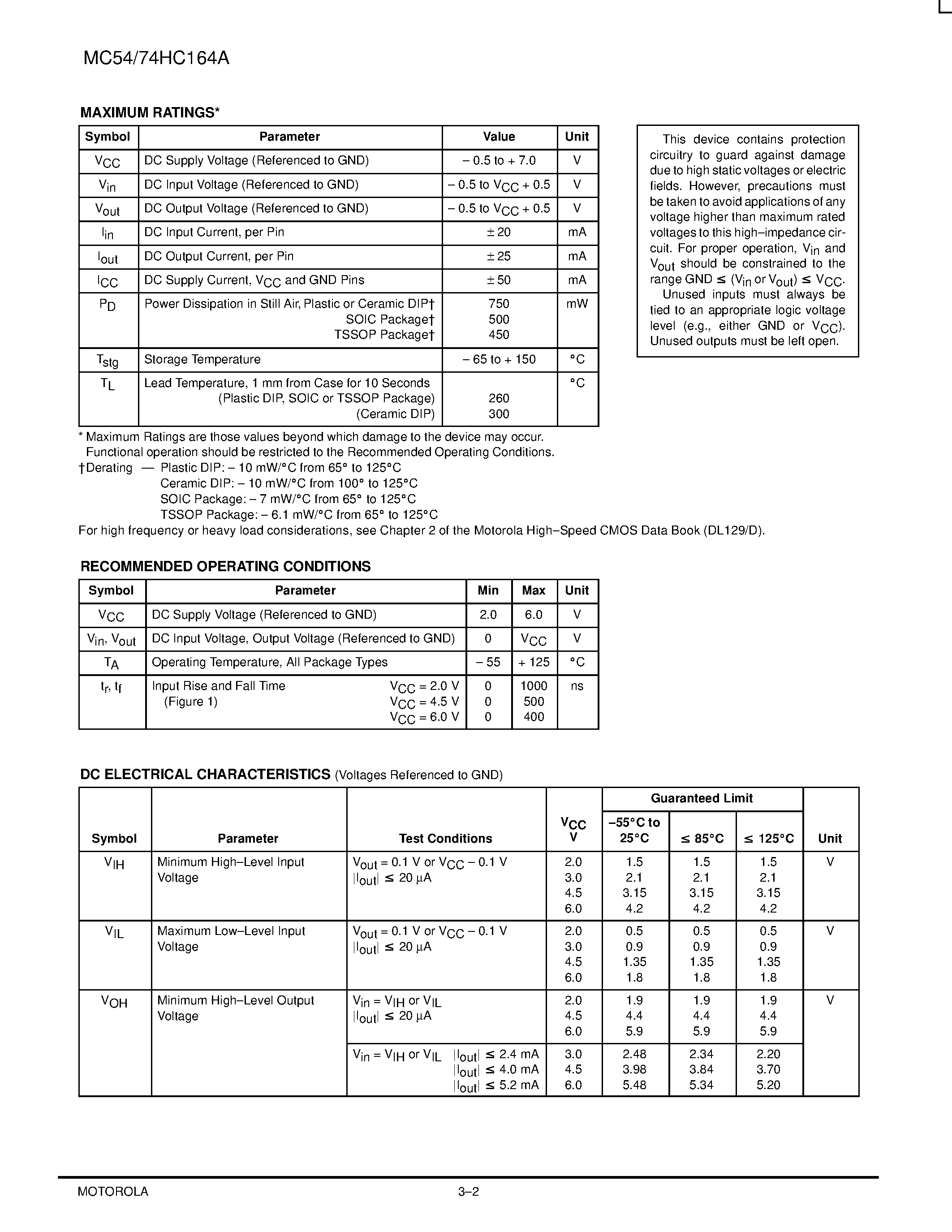 Даташит MC74HC164A - 8-Bit Serial-Input/Parallel-Output Shift Register страница 2