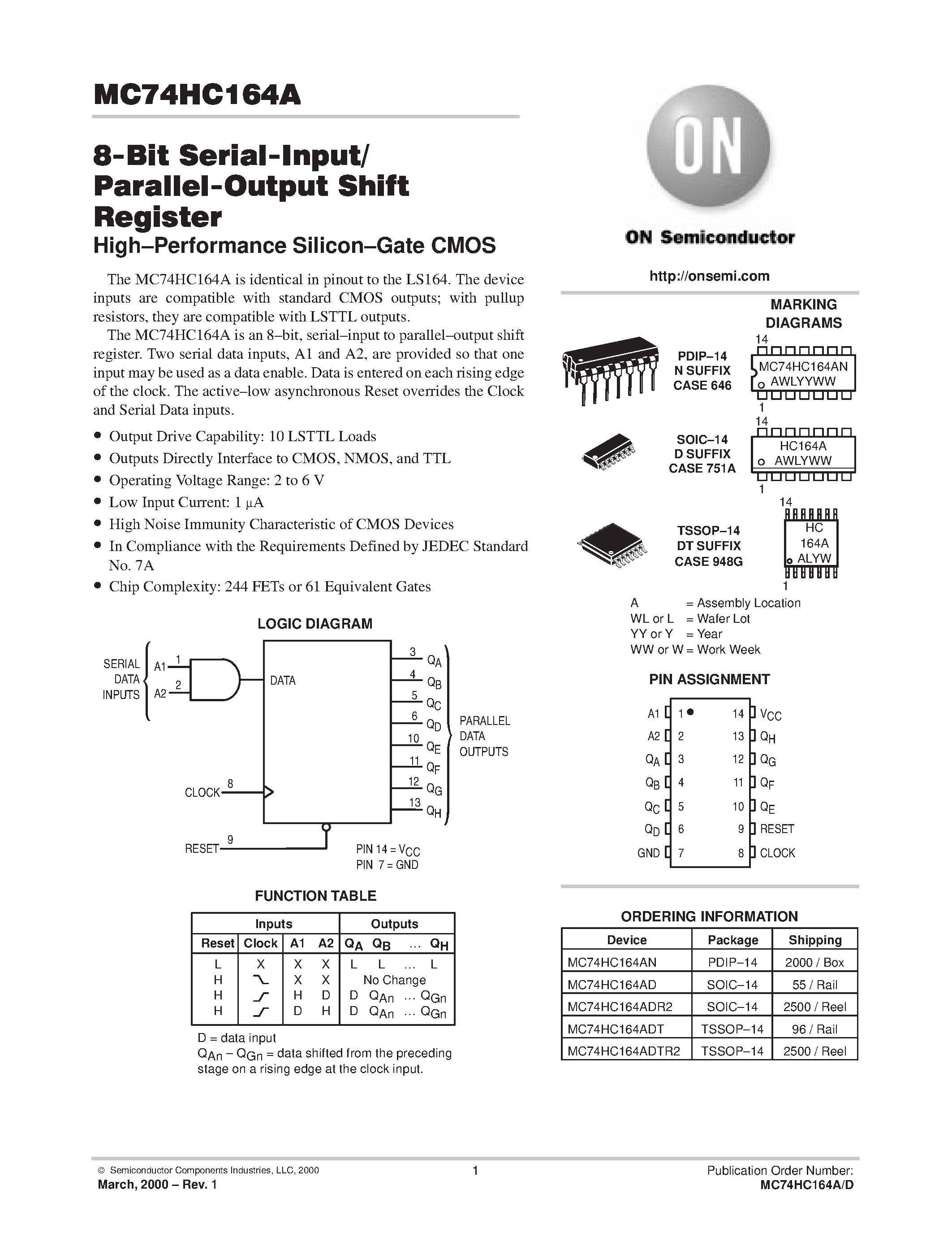 Даташит MC74HC164A - 8-Bit Serial-Input/Parallel-Output Shift Register страница 1