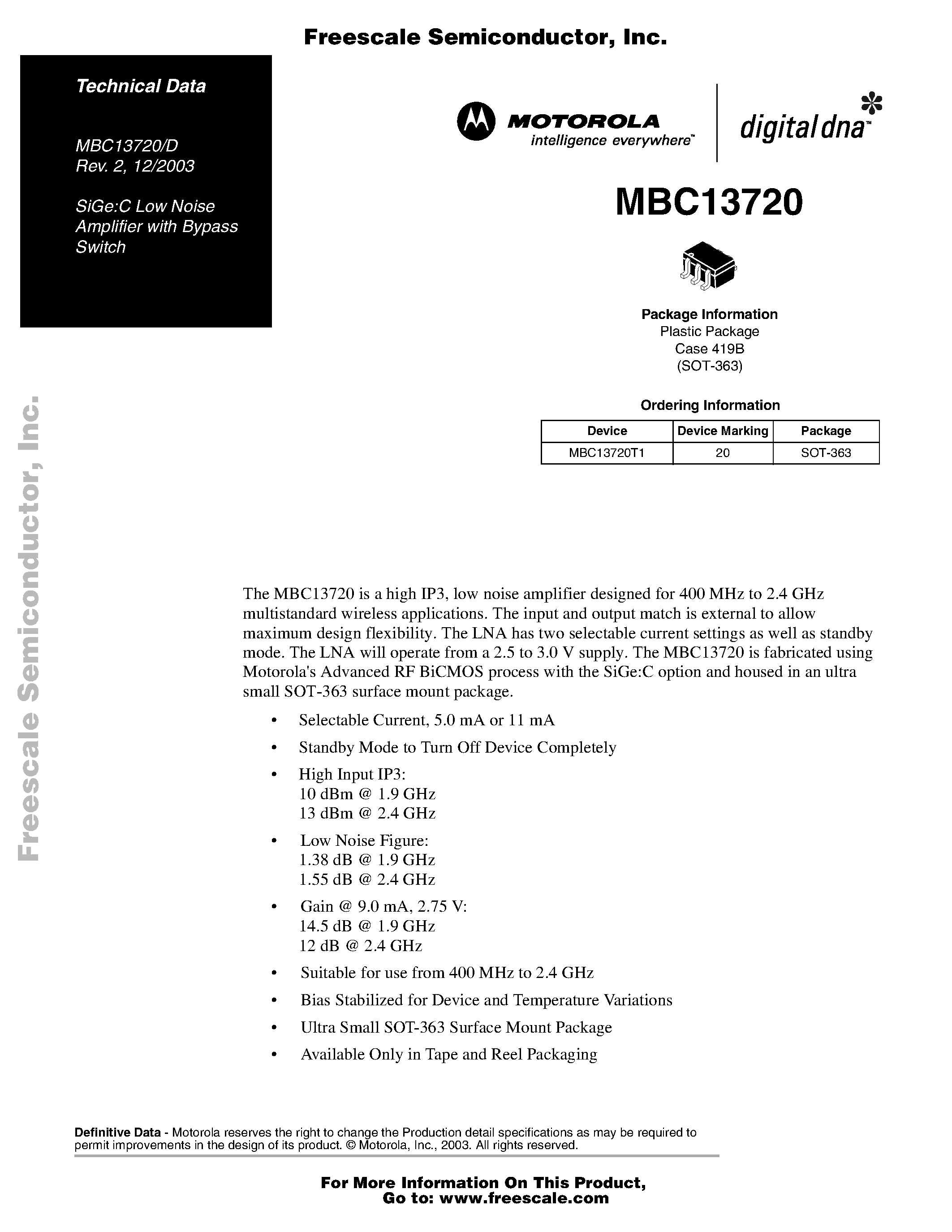 Datasheet MBC13720 page 1 Datasheet MBC13720 - Amplifier with Bypass Switch page 1