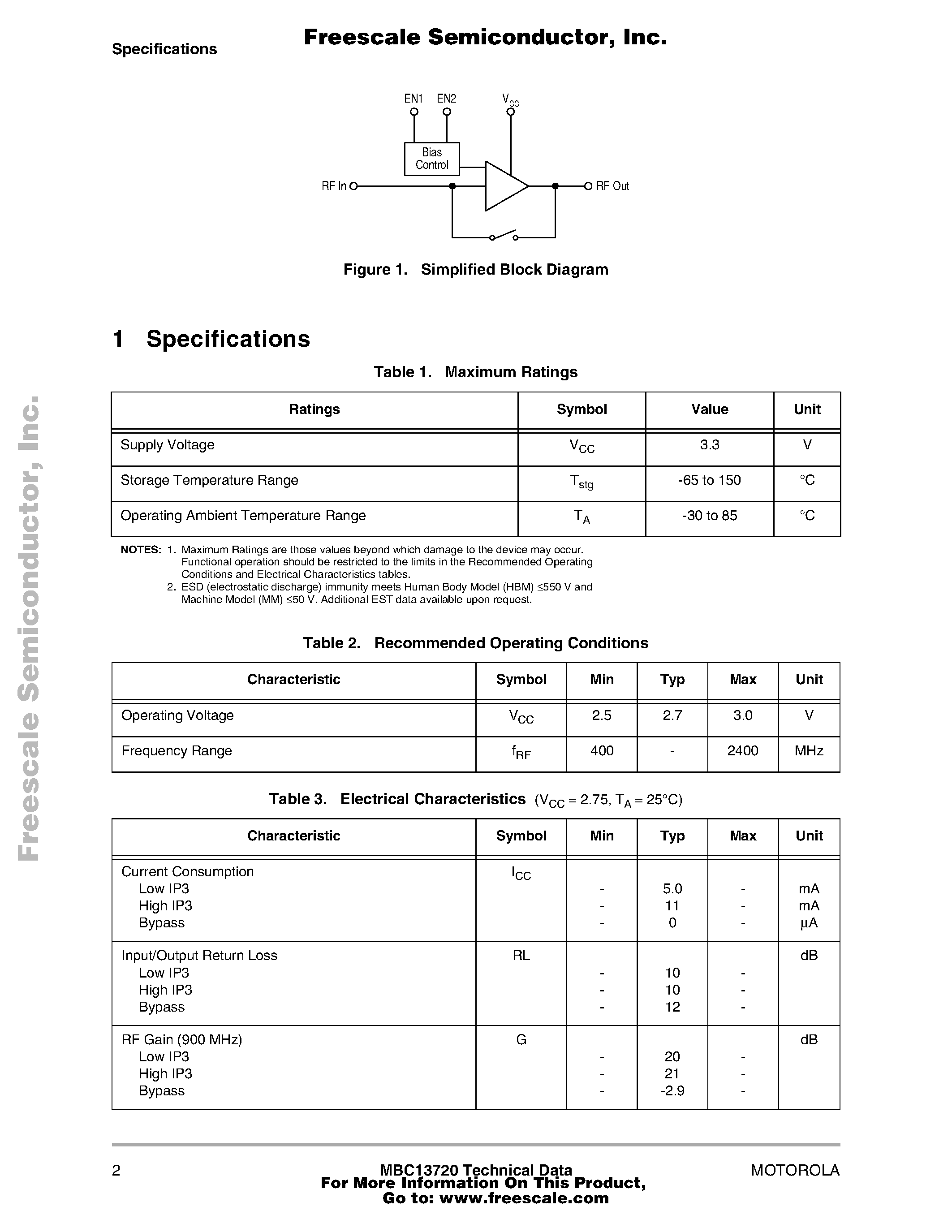 Datasheet MBC13720 page 2 Datasheet MBC13720 - Amplifier with Bypass Switch page 2