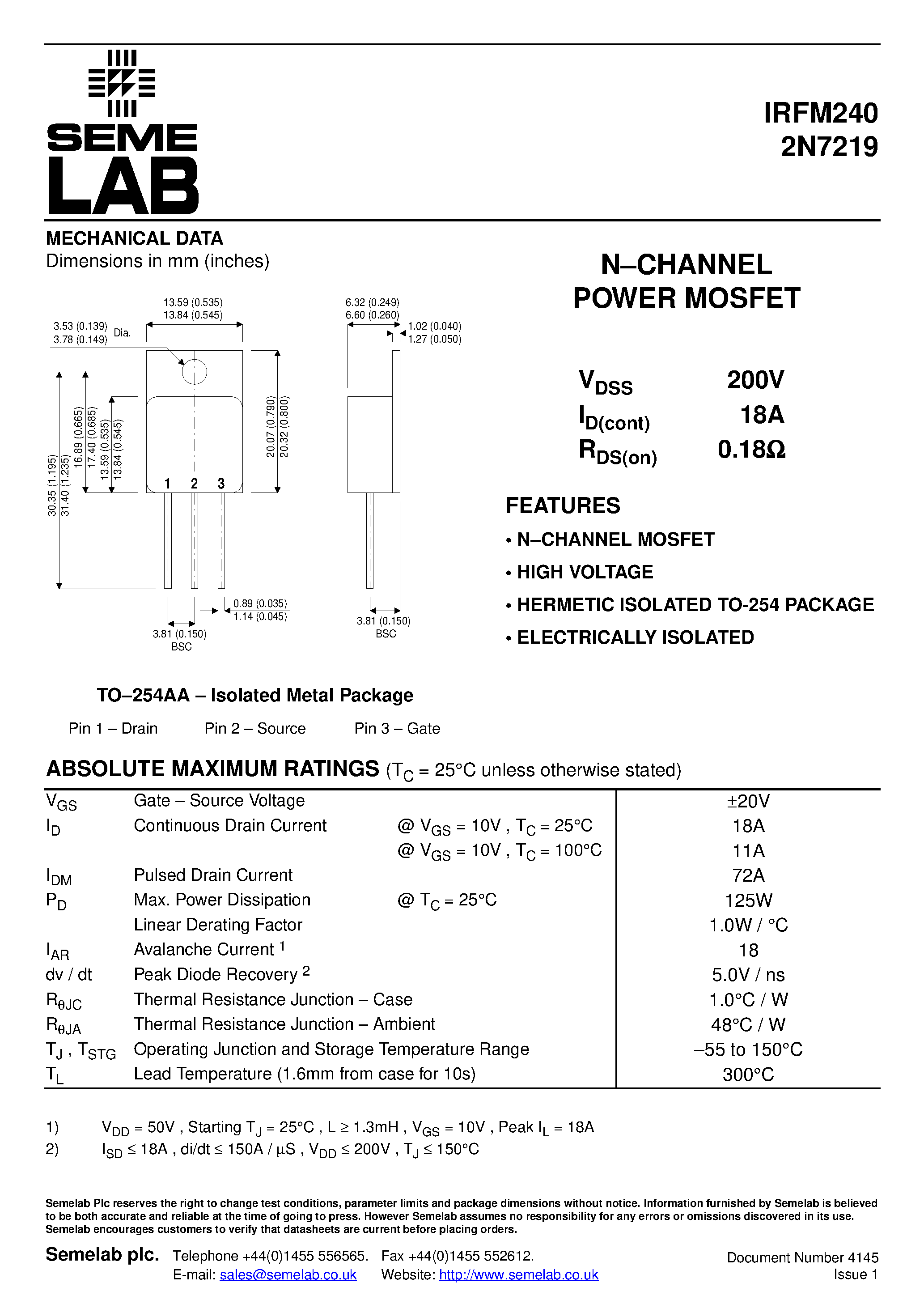 Datasheet IRFM240 - N-CHANNEL POWER MOSFET page 1