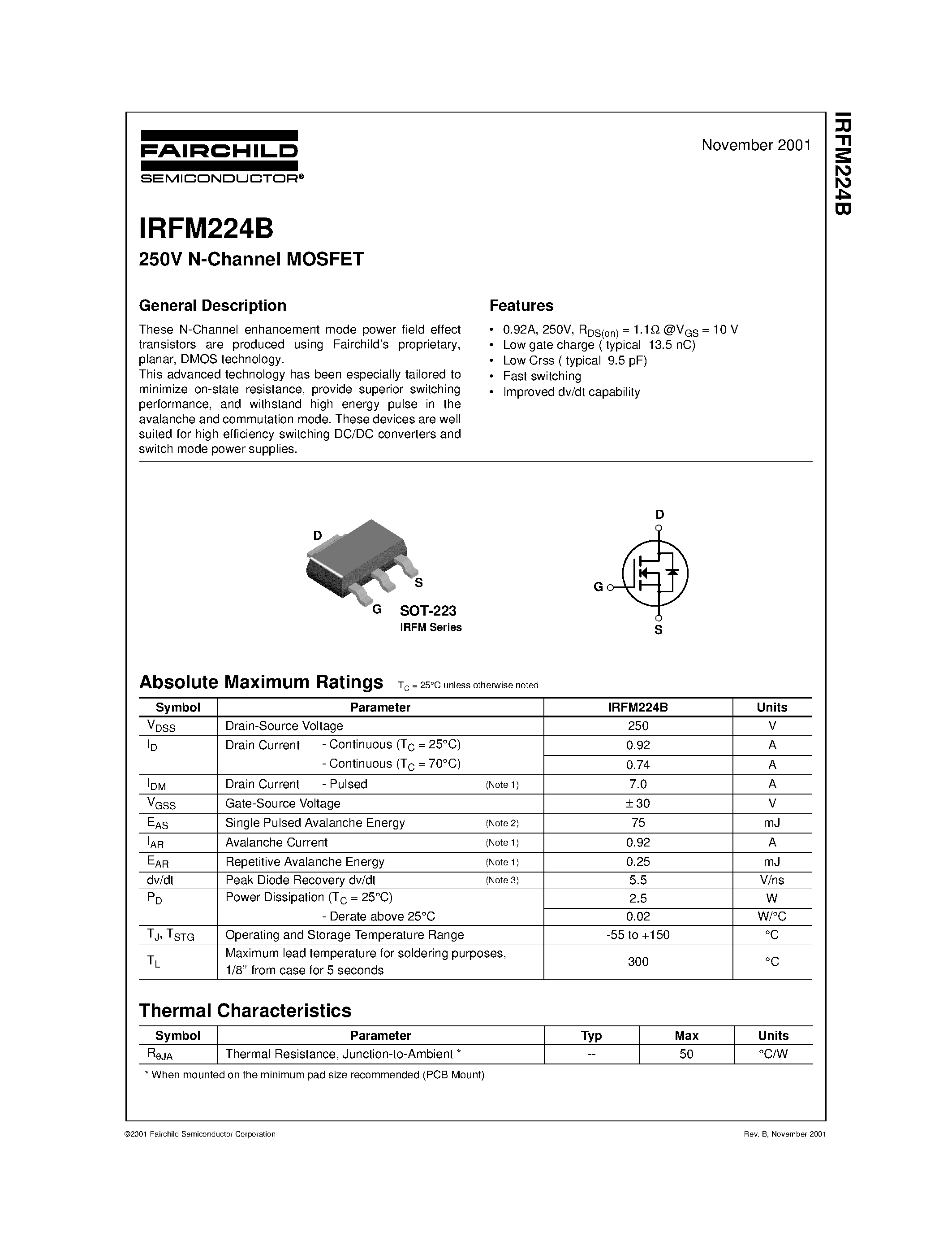 Datasheet IRFM224B - 250V N-Channel MOSFET page 1