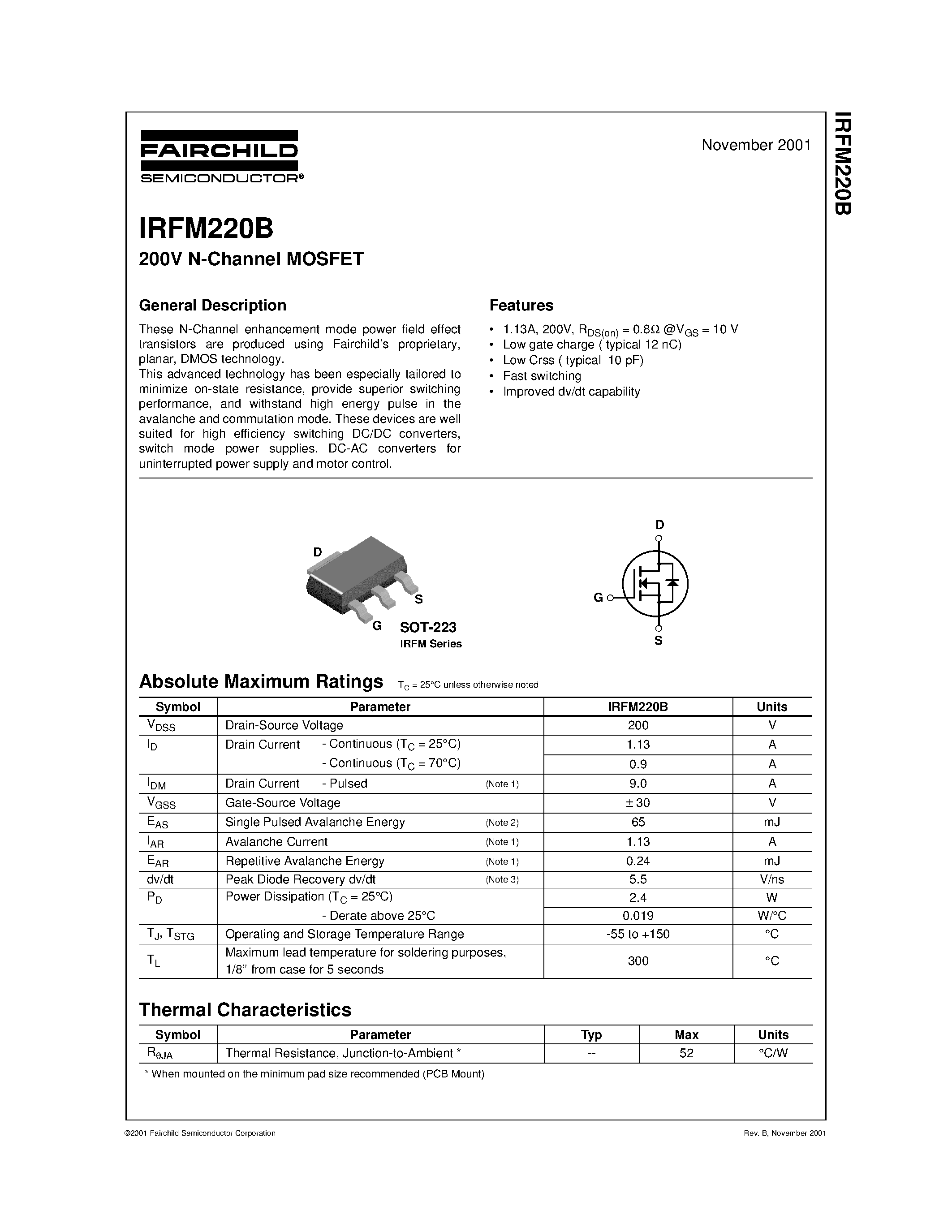 Datasheet IRFM220B - 200V N-Channel MOSFET page 1