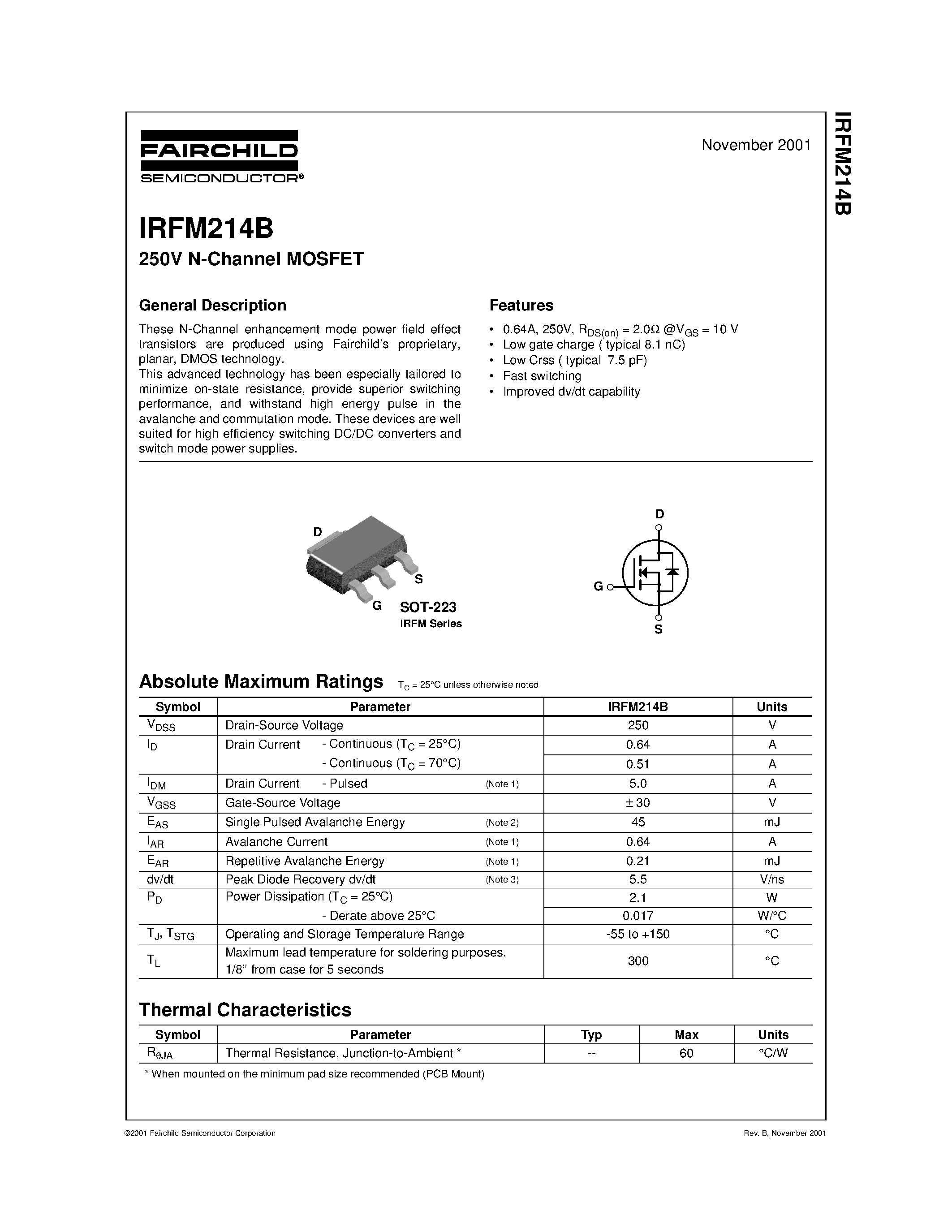 Datasheet IRFM214B - 250V N-Channel MOSFET page 1