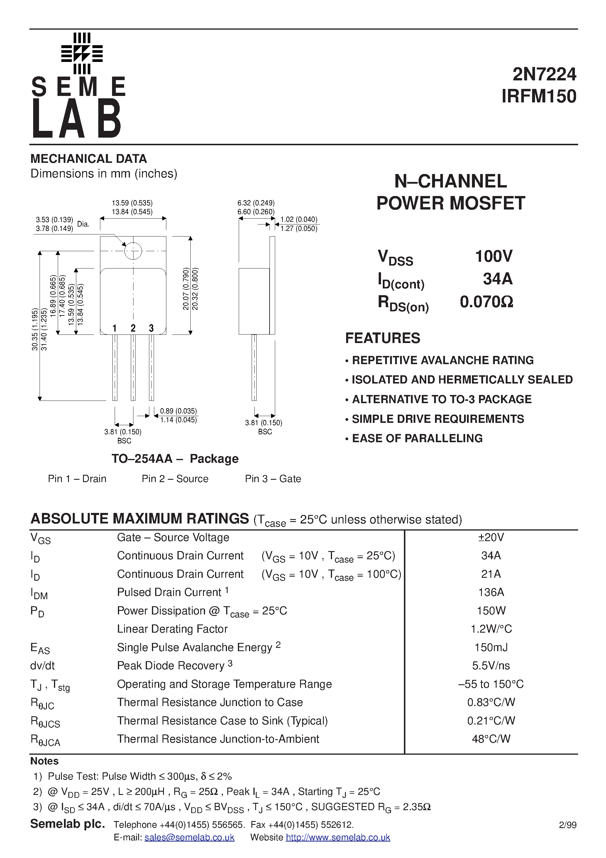 Datasheet IRFM150 - N-CHANNEL POWER MOSFET page 1