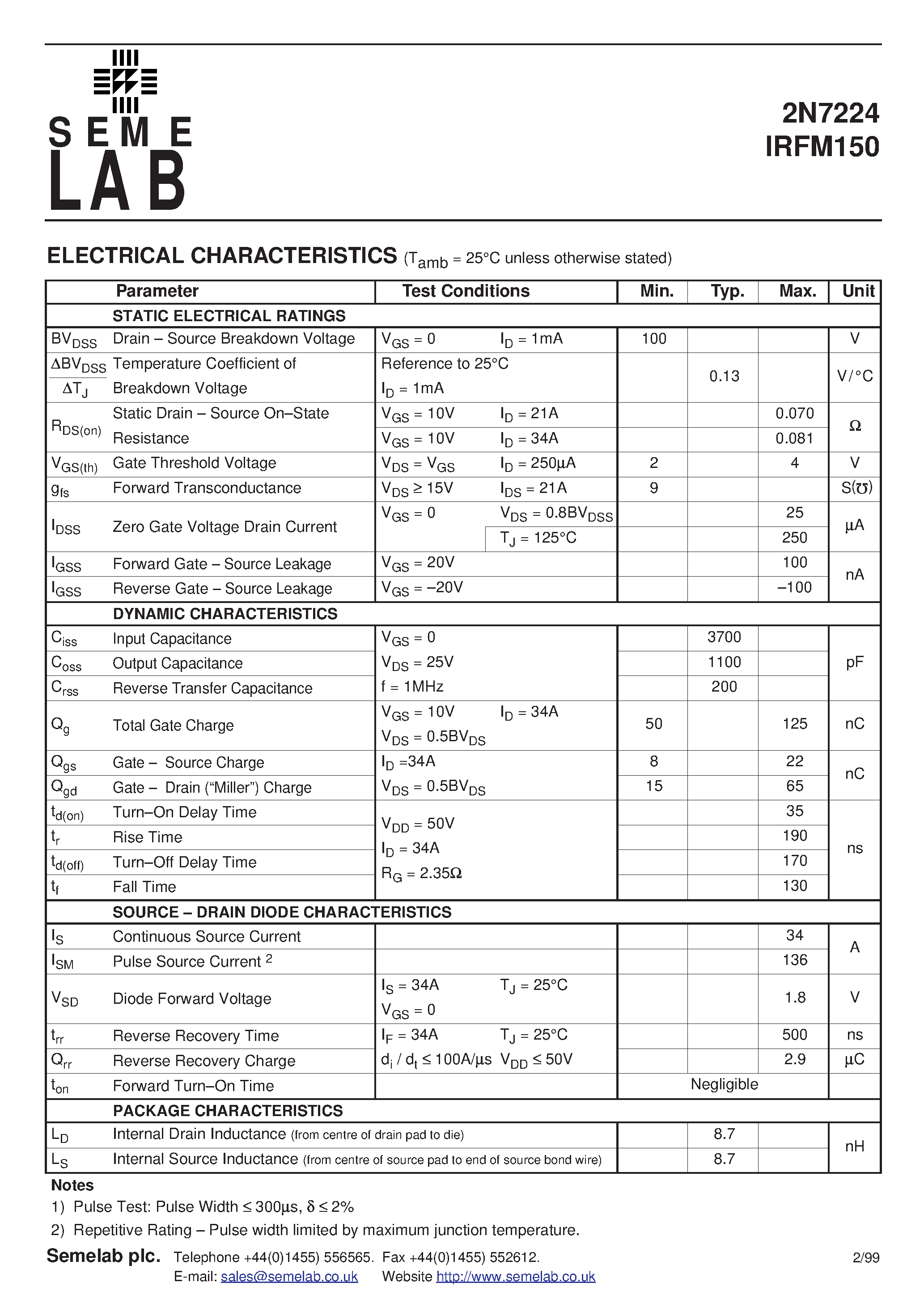 Datasheet IRFM150 - N-CHANNEL POWER MOSFET page 2