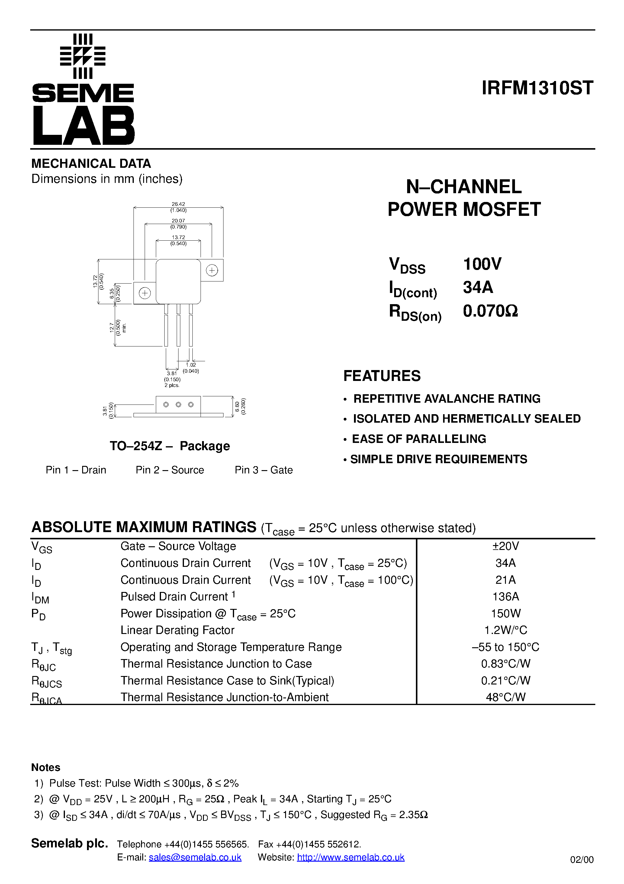 Datasheet IRFM1310ST - N-CHANNEL POWER MOSFET page 1