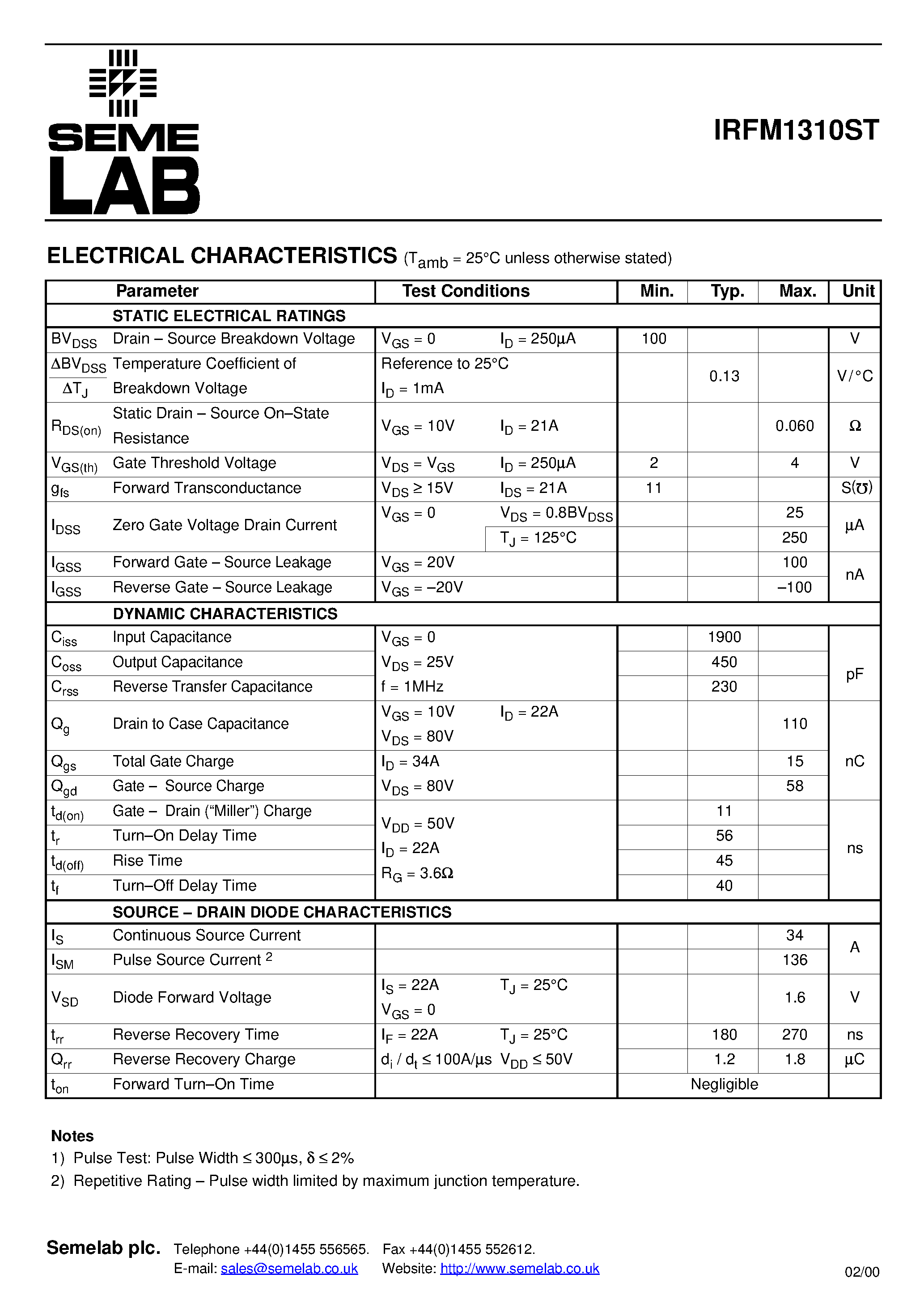 Datasheet IRFM1310ST - N-CHANNEL POWER MOSFET page 2