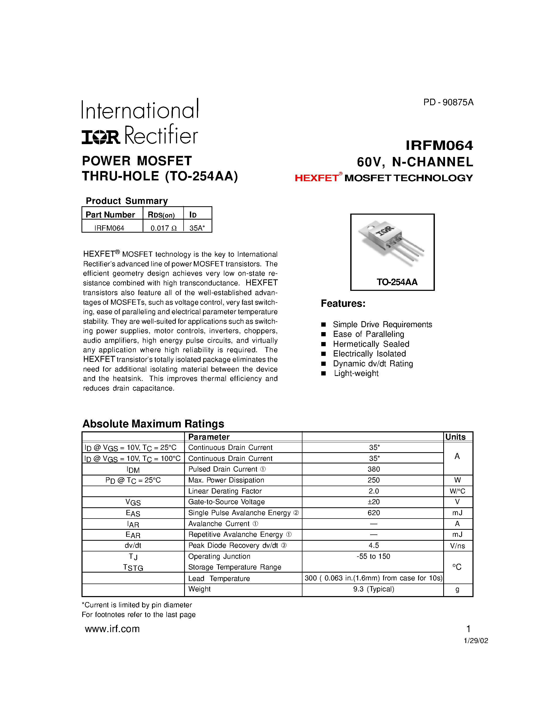 Datasheet IRFM064 - POWER MOSFET THRU-HOLE (TO-254AA) page 1