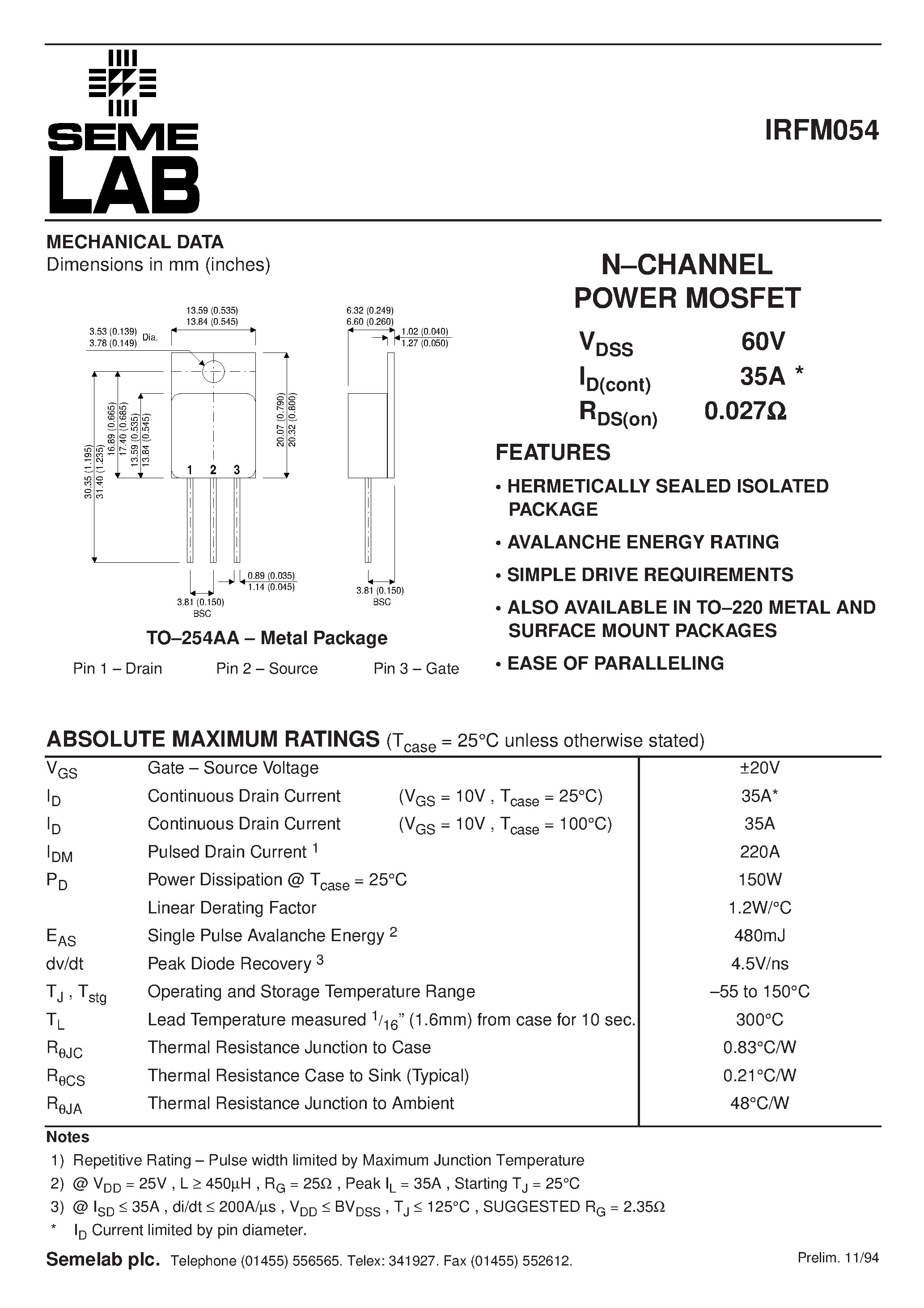 Datasheet IRFM054 - N-CHANNEL POWER MOSFET page 1