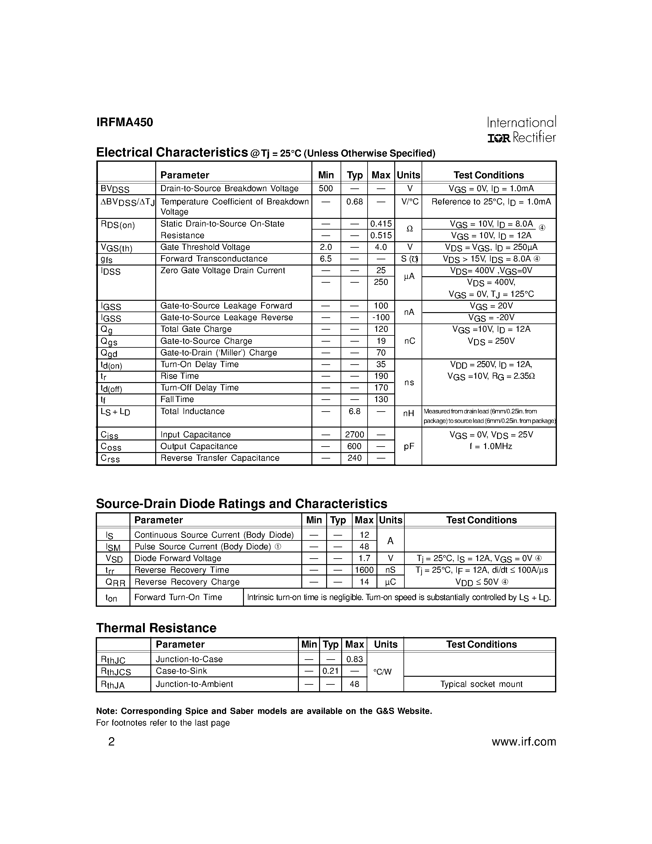 Datasheet IRFMA450 - POWER MOSFET THRU-HOLE (Tabless TO-254AA) page 2
