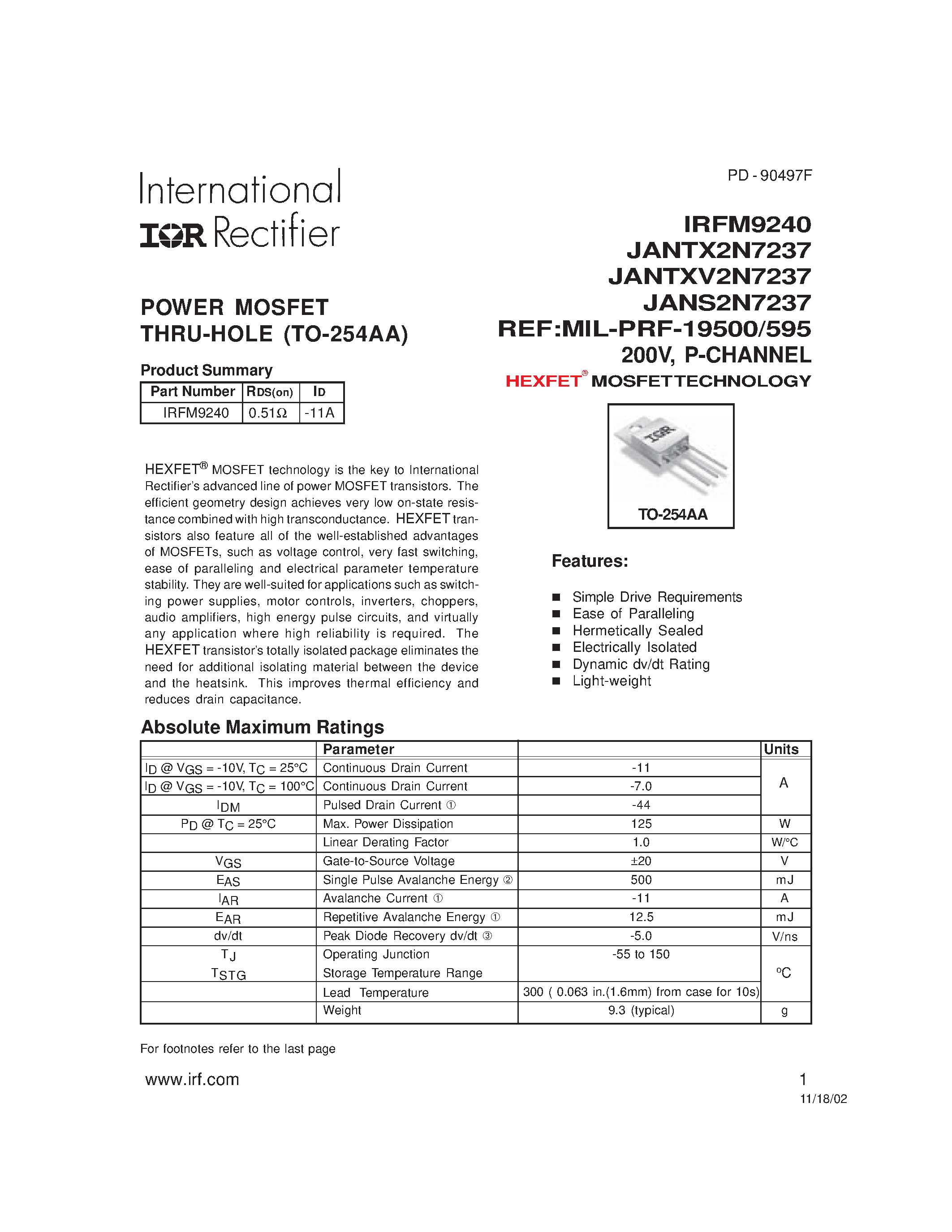 Datasheet IRFM8240 - POWER MOSFET THRU-HOLE (TO-254AA) page 1