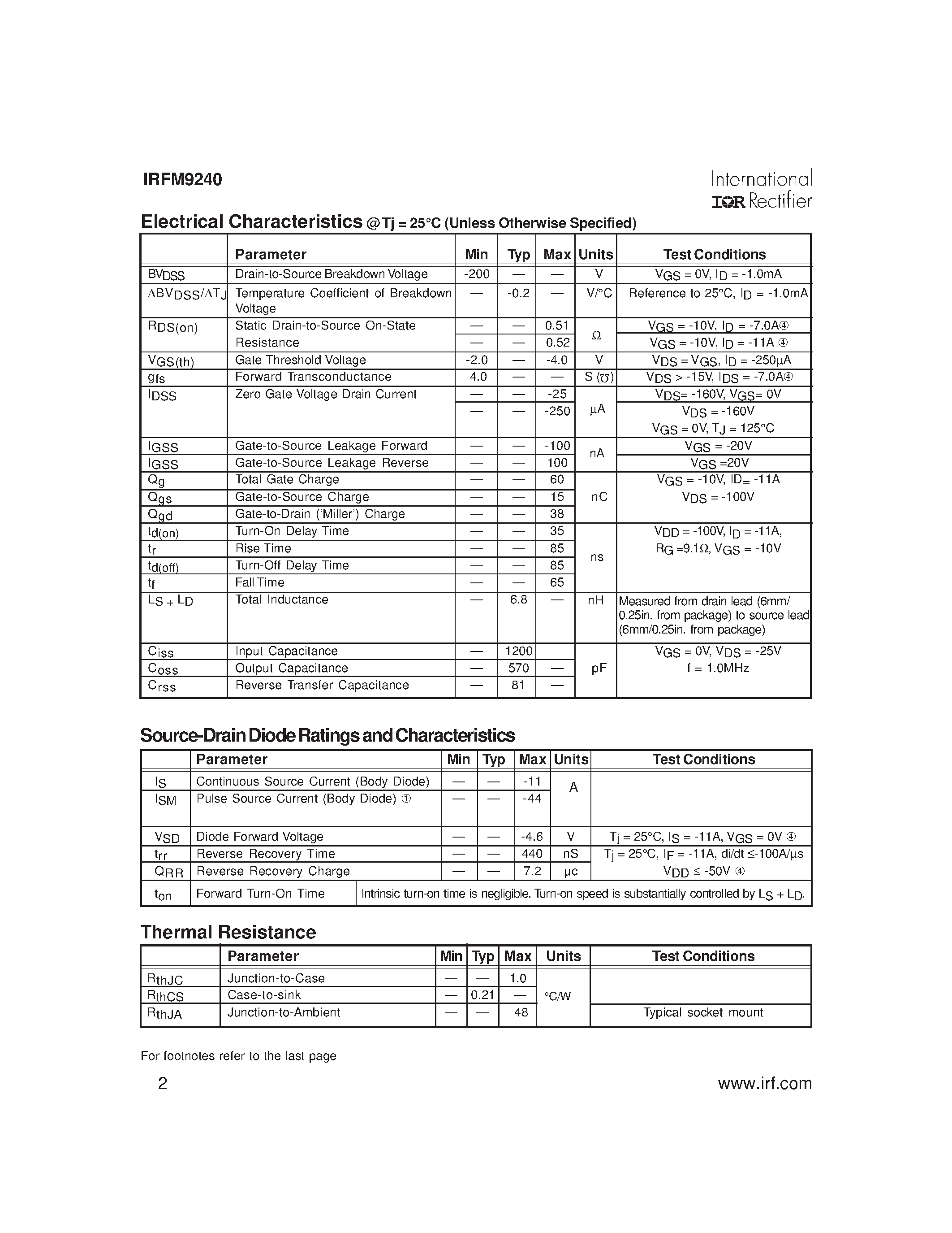 Datasheet IRFM8240 - POWER MOSFET THRU-HOLE (TO-254AA) page 2