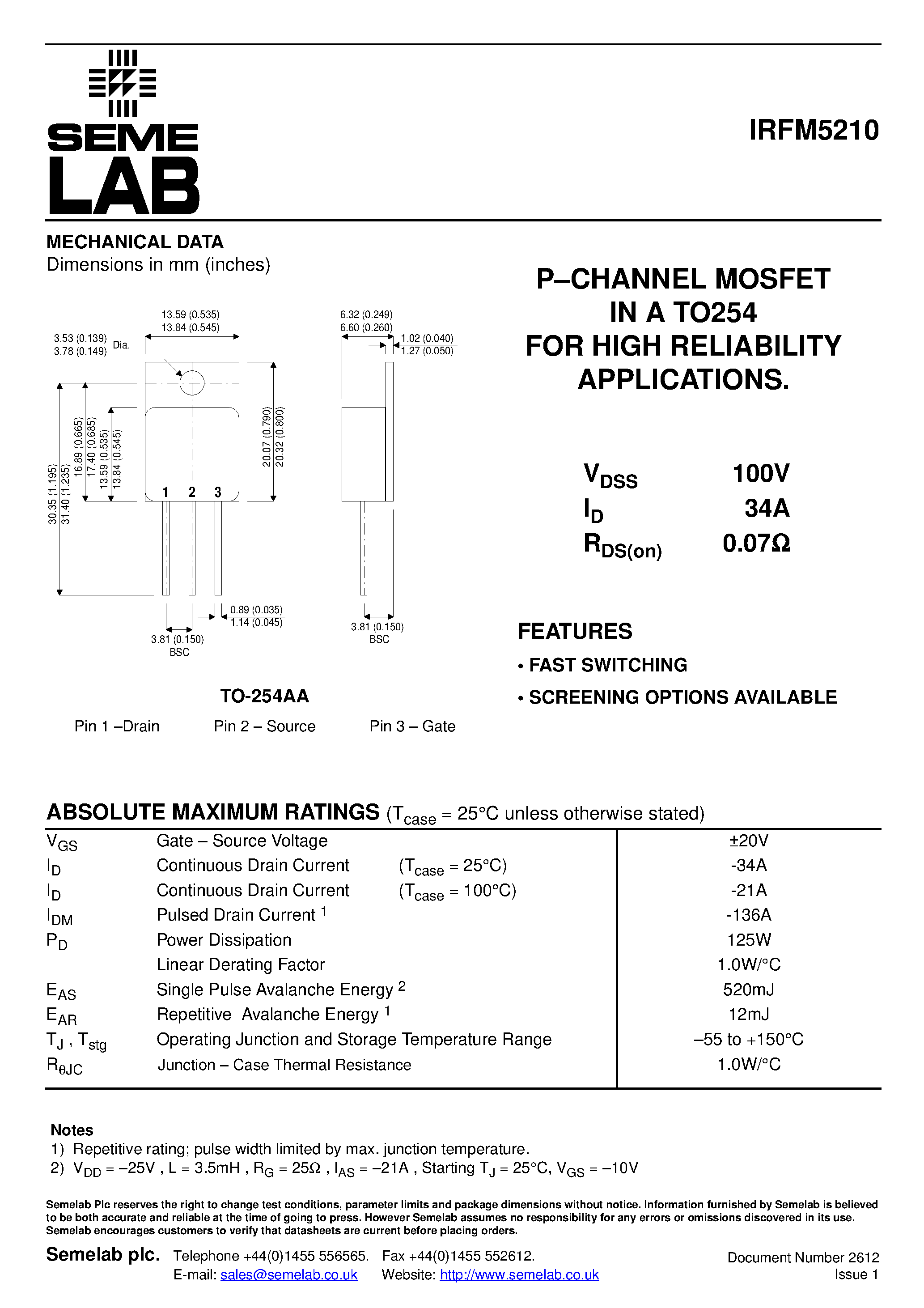 Datasheet IRFM5210 - P-CHANNEL MOSFET page 1