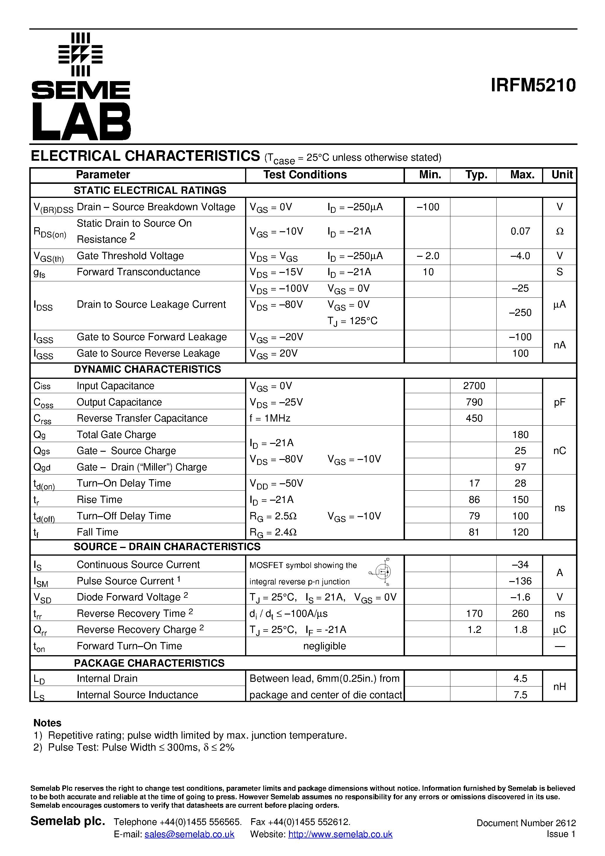 Datasheet IRFM5210 - P-CHANNEL MOSFET page 2