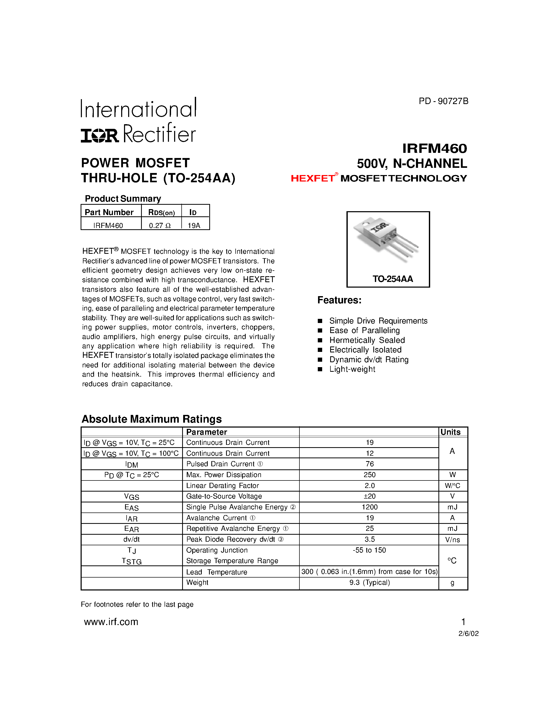 Datasheet IRFM460 - POWER MOSFET THRU-HOLE (TO-254AA) page 1