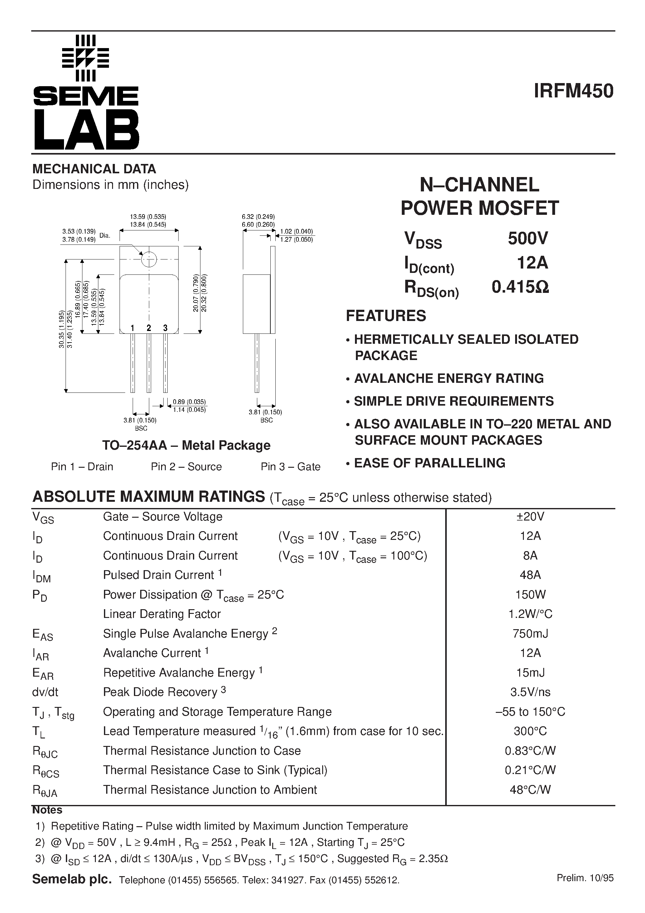 Datasheet IRFM450 - N-CHANNEL POWER MOSFET page 1