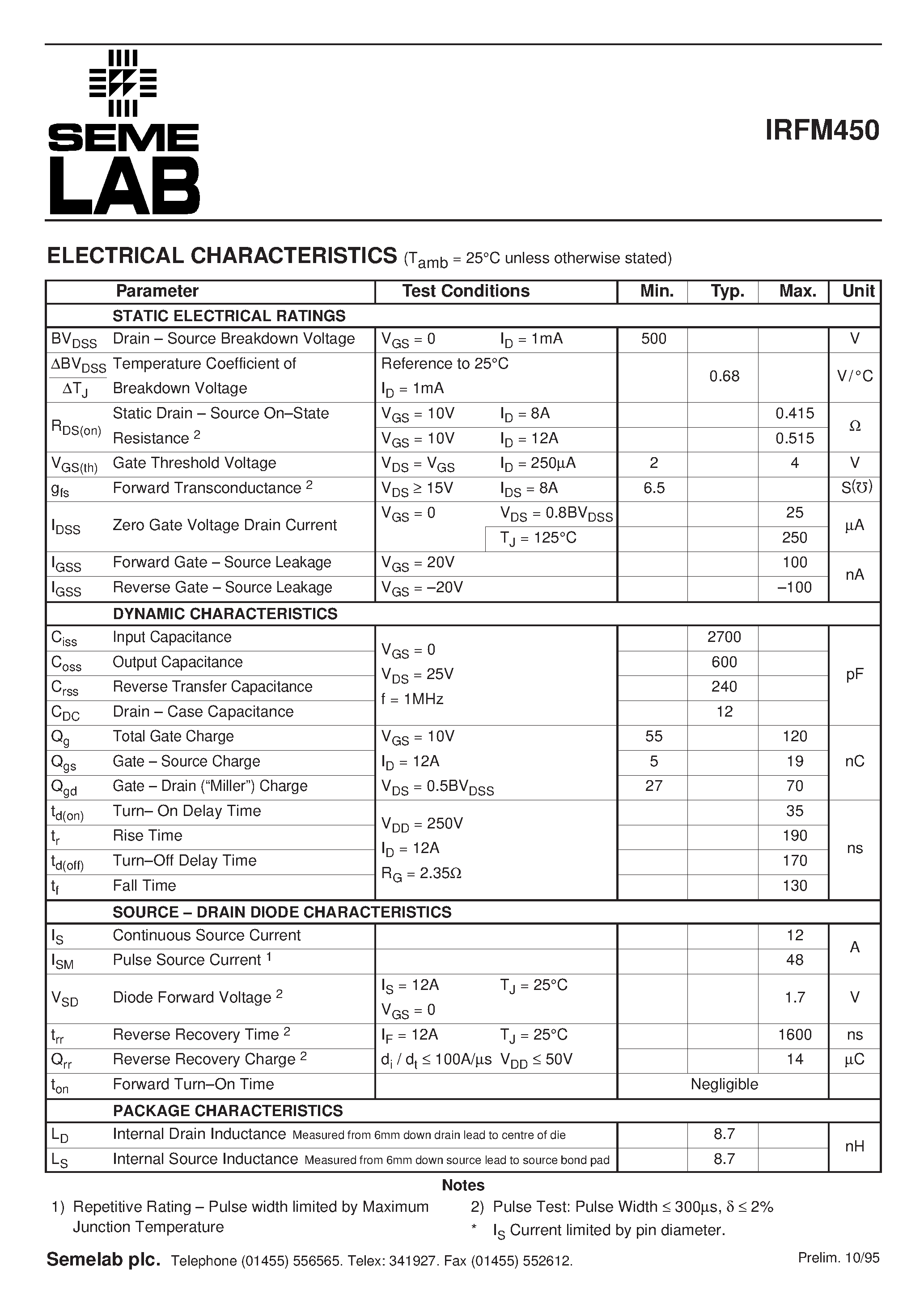 Datasheet IRFM450 - N-CHANNEL POWER MOSFET page 2