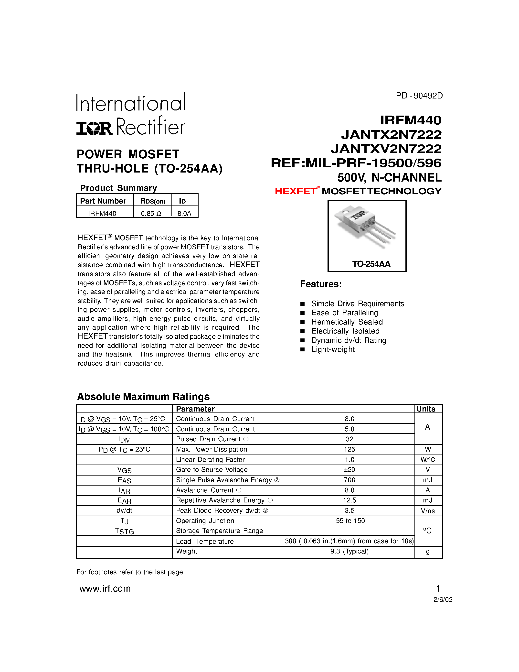 Datasheet IRFM440 - POWER MOSFET THRU-HOLE (TO-254AA) page 1