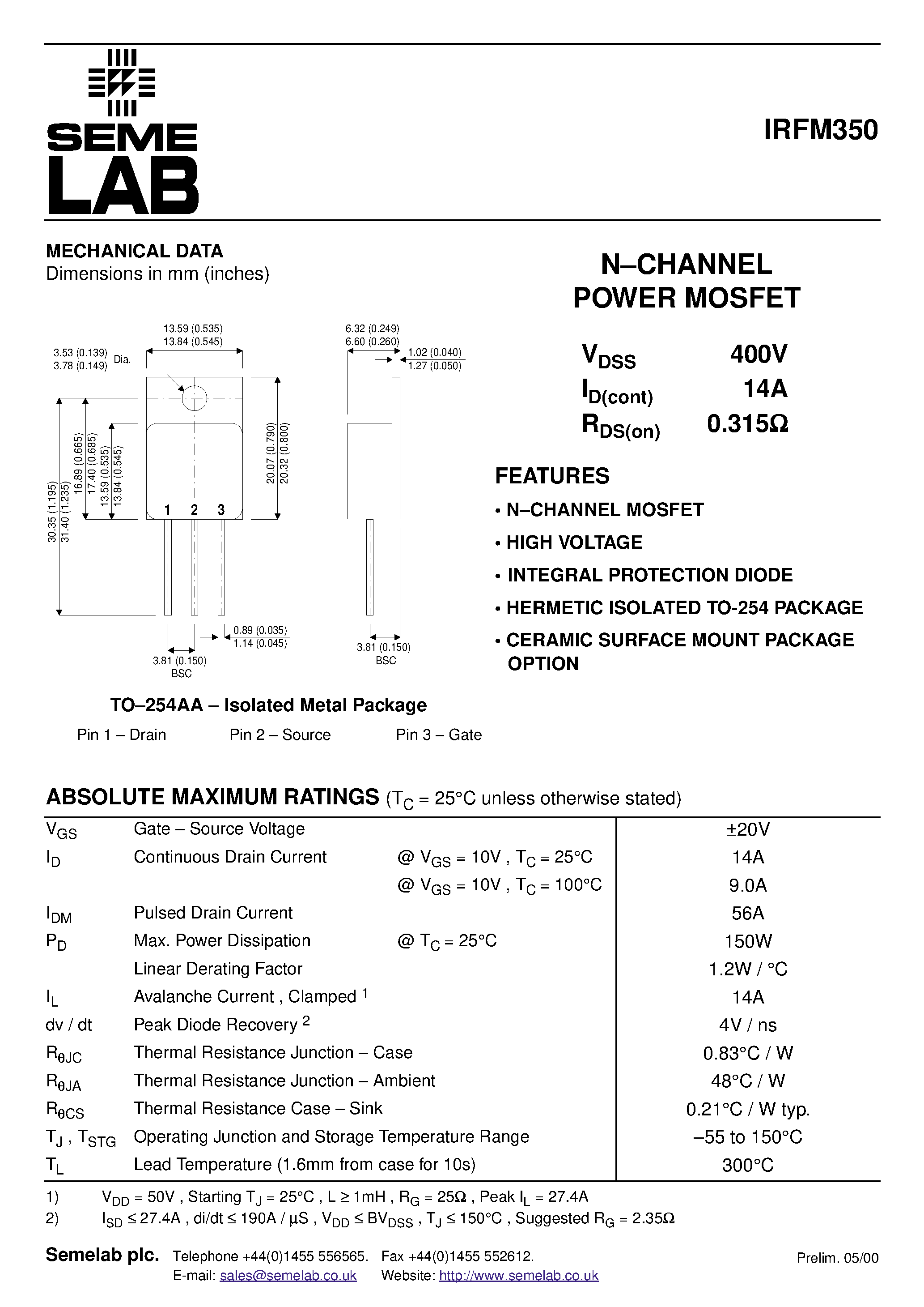 Datasheet IRFM350 - N-CHANNEL POWER MOSFET page 1