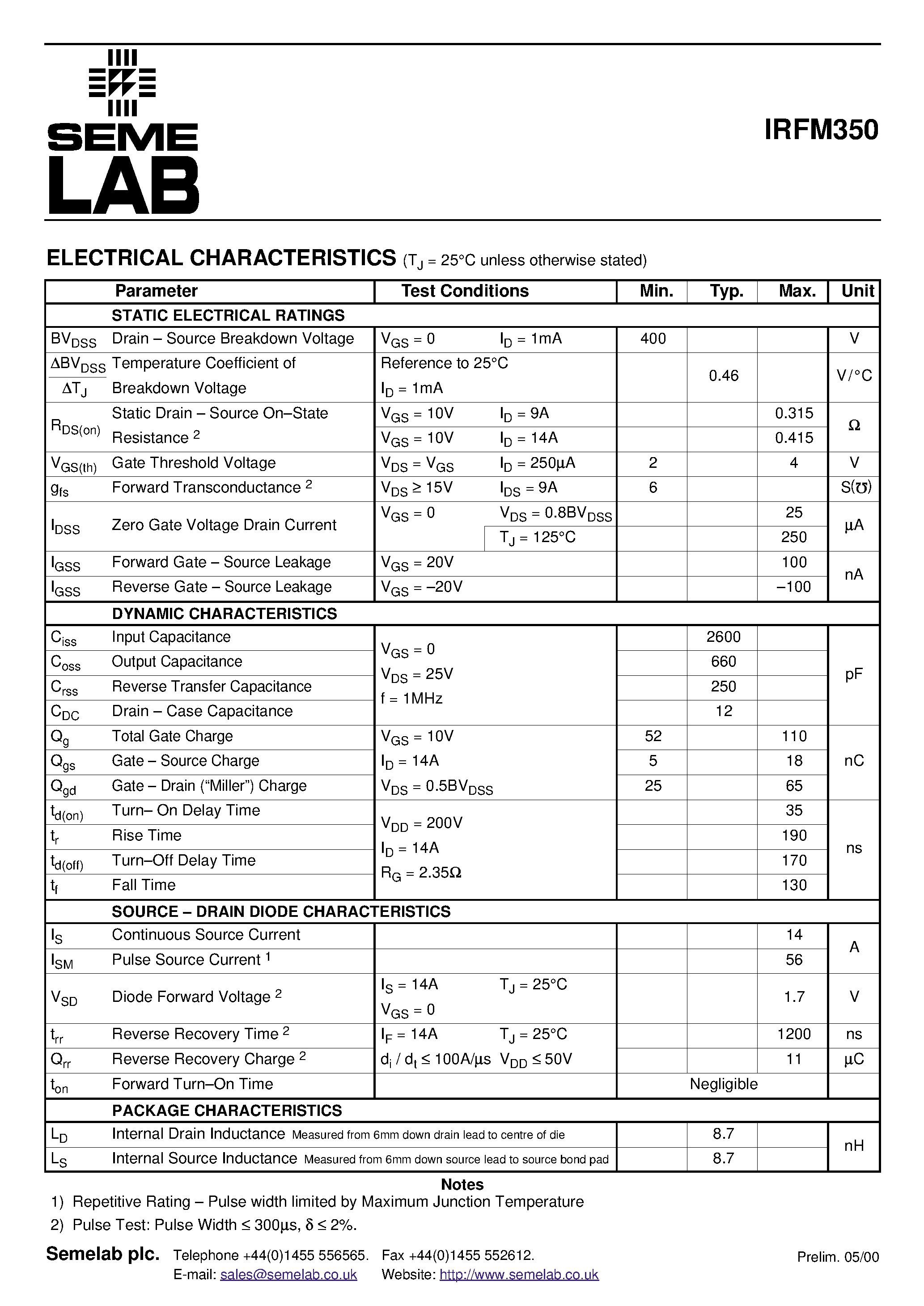 Datasheet IRFM350 - N-CHANNEL POWER MOSFET page 2