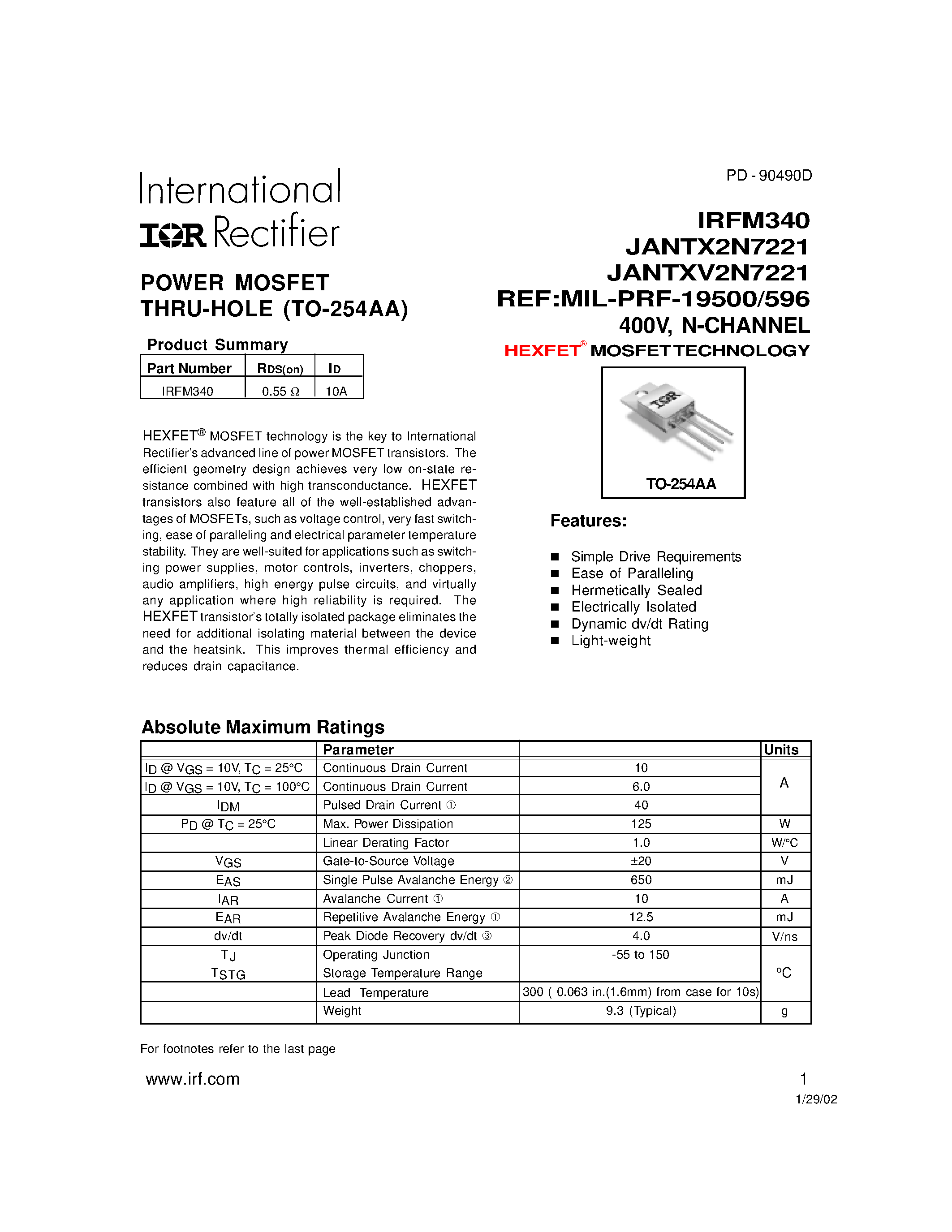 Datasheet IRFM340 - N-CHANNEL HEXFET MOSFETTECHNOLOGY page 1