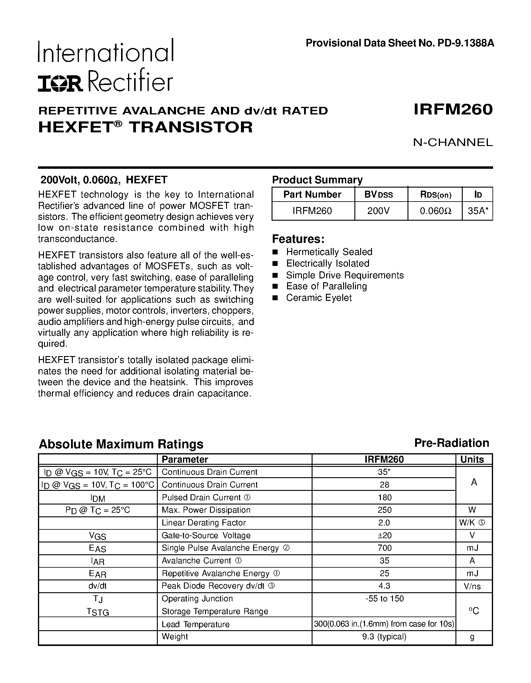 Datasheet IRFM260 - TRANSISTOR N-CHANNEL page 1