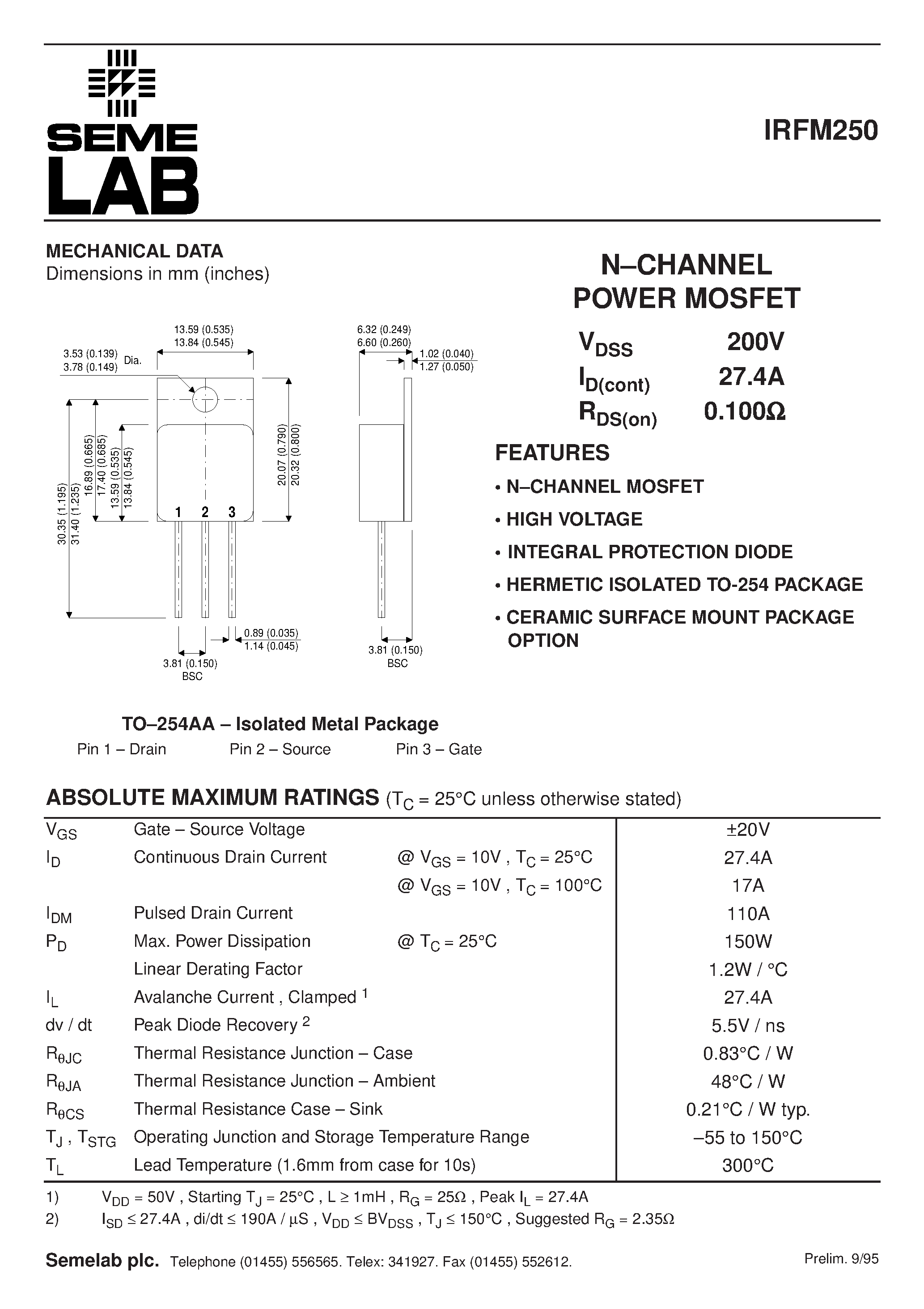 Datasheet IRFM250 - N-CHANNEL POWER MOSFET page 1