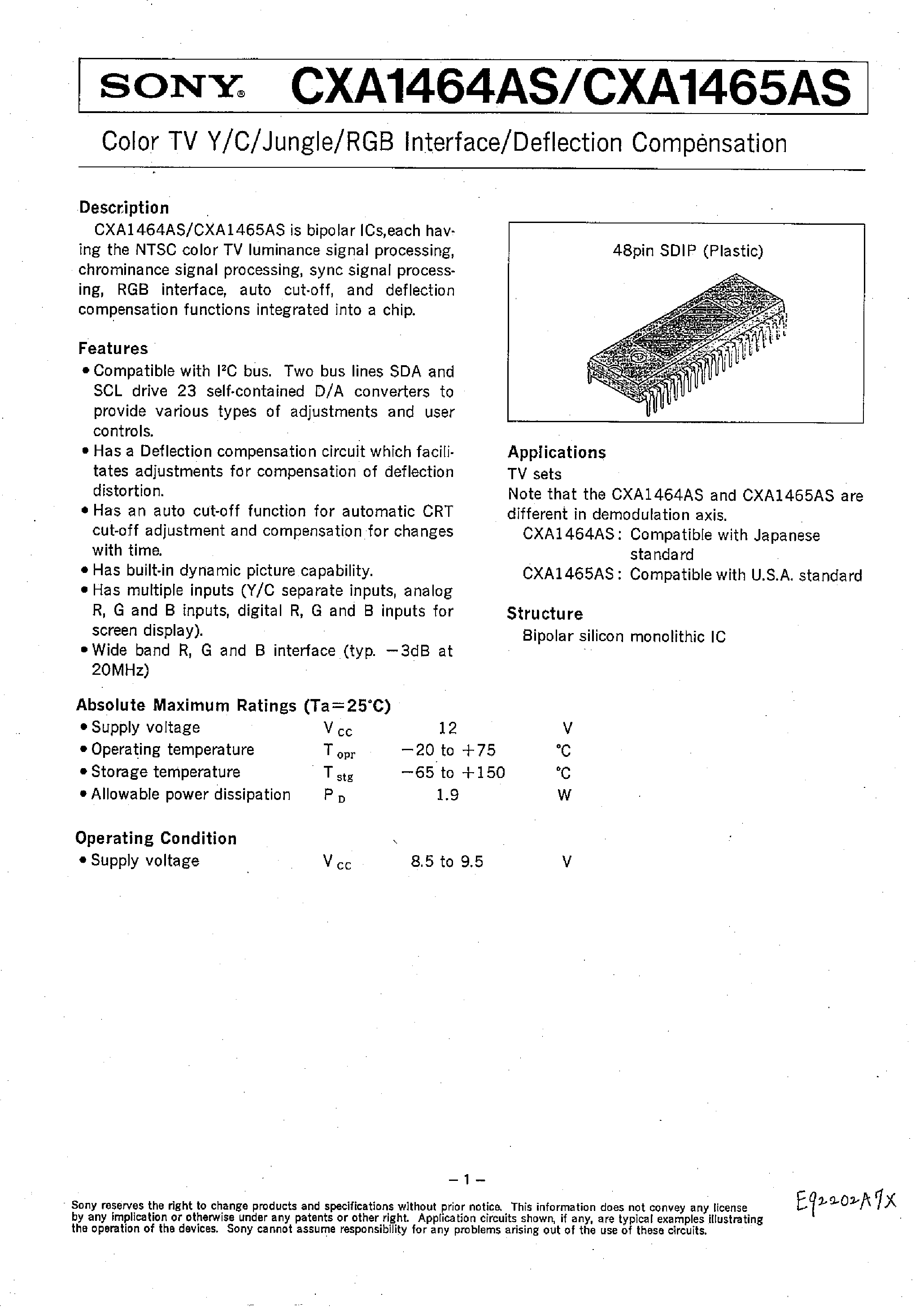 Даташит CXA1464AS - (CXA1464AS / CXA1465AS) Color TV Y/C/Jungle/RGB Interface / Deflection Compensation страница 1